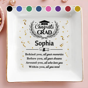 Congrats Grad Behind You All Your Memories Graduation Cap Laurel Wreath - Personalized Custom Jewelry Dish, Square Ceramic Dish - GRAD503_SCRD