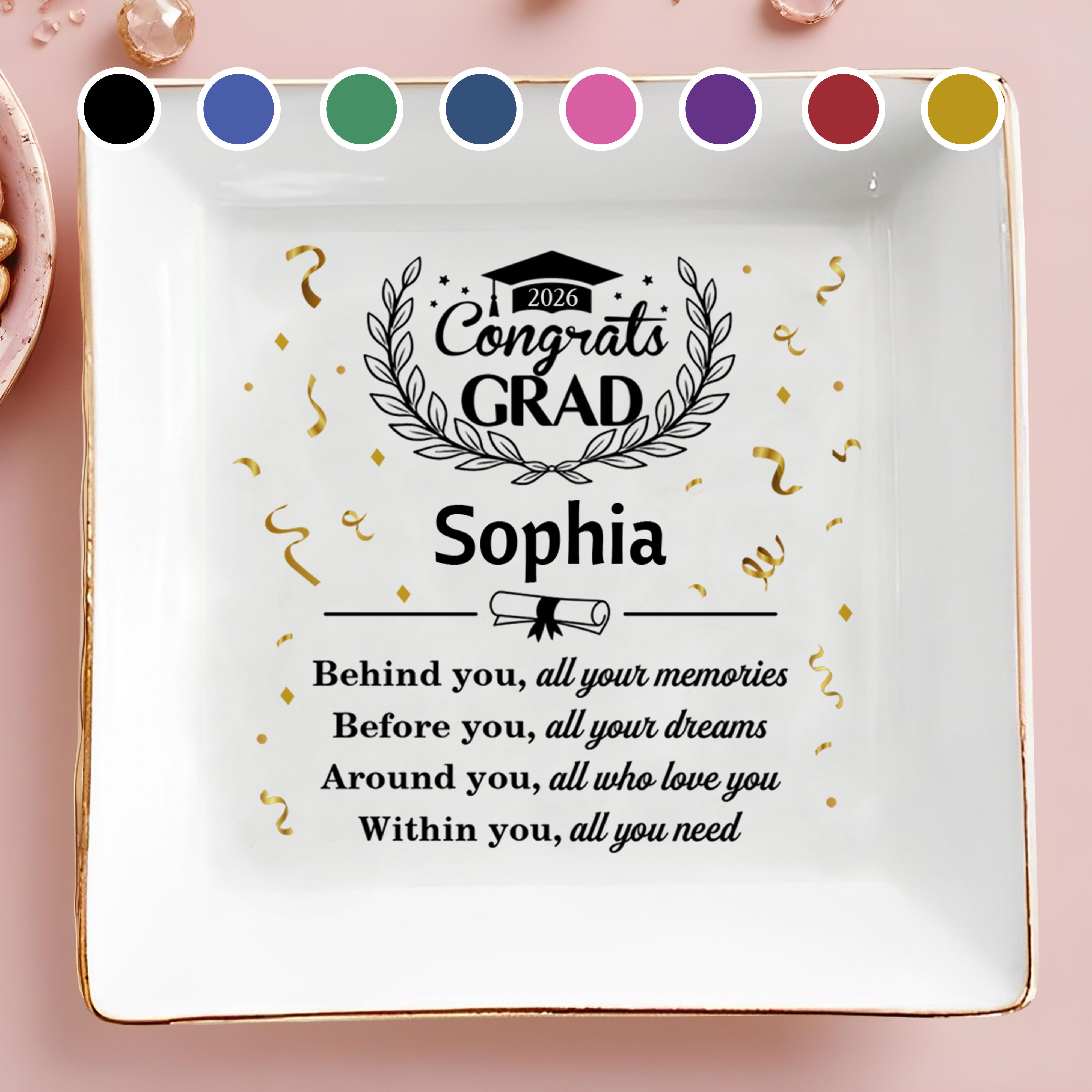 Congrats Grad Behind You All Your Memories Graduation Cap Laurel Wreath - Personalized Custom Jewelry Dish, Square Ceramic Dish - GRAD503_SCRD