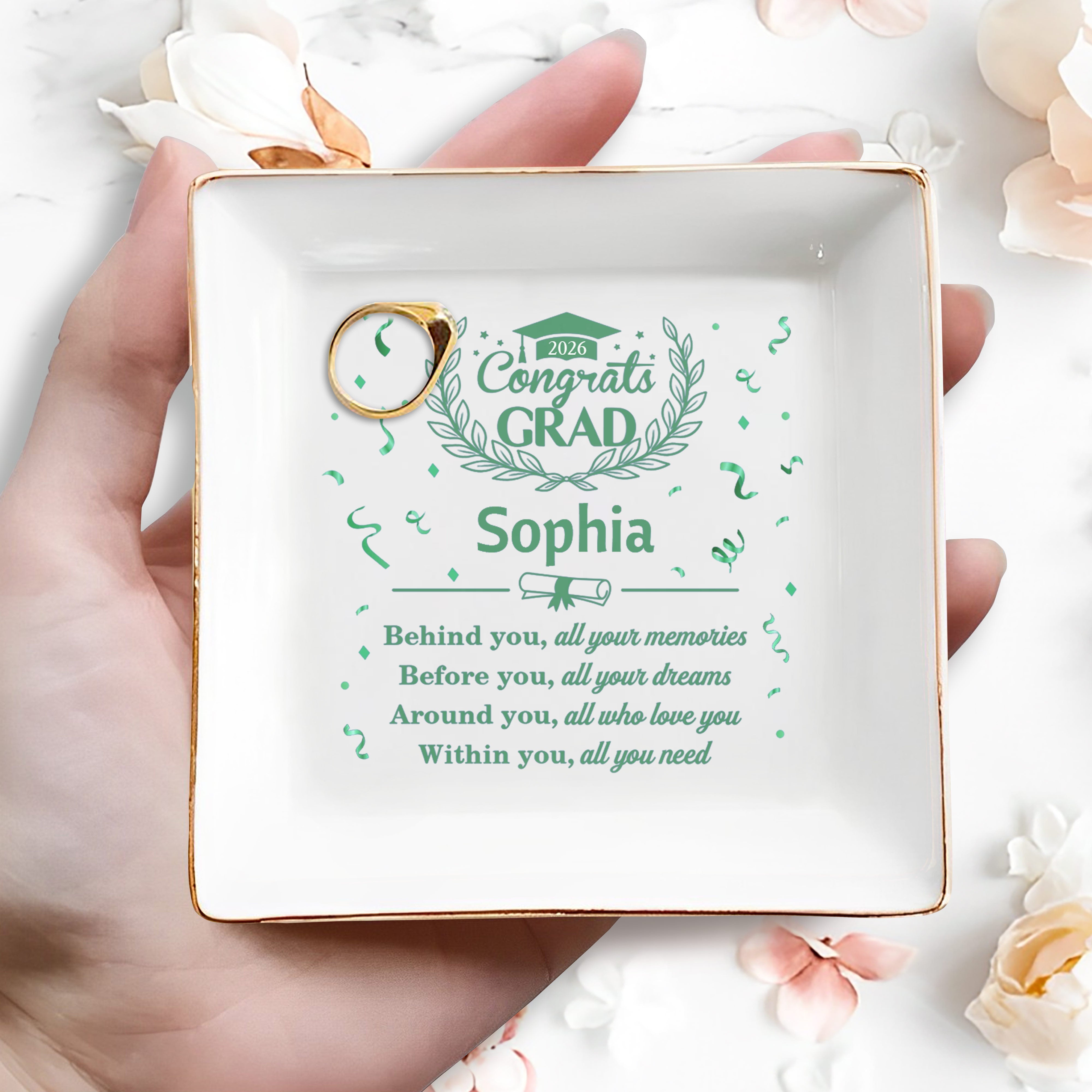 Congrats Grad Behind You All Your Memories Graduation Cap Laurel Wreath - Personalized Custom Jewelry Dish, Square Ceramic Dish - GRAD503_SCRD