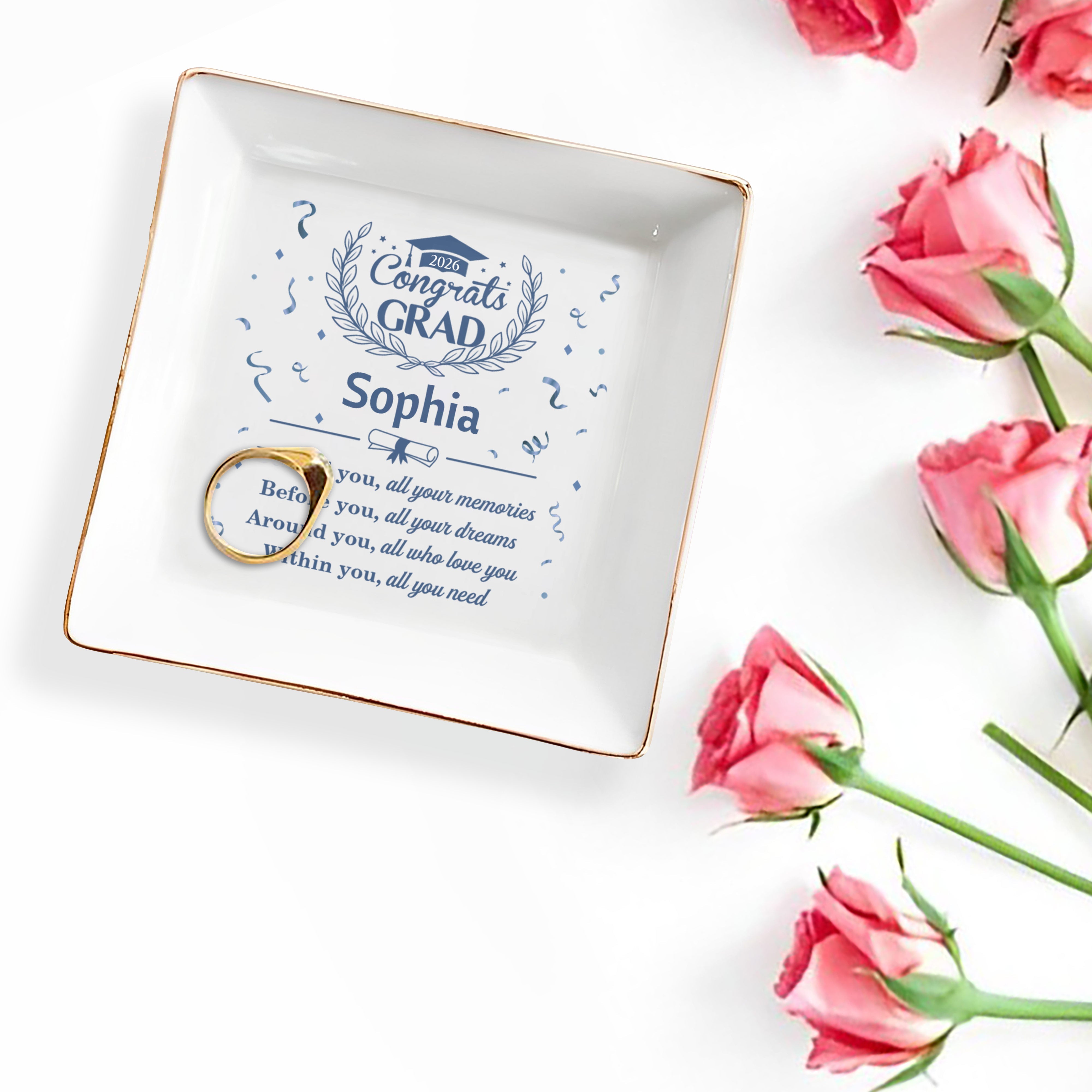 Congrats Grad Behind You All Your Memories Graduation Cap Laurel Wreath - Personalized Custom Jewelry Dish, Square Ceramic Dish - GRAD503_SCRD