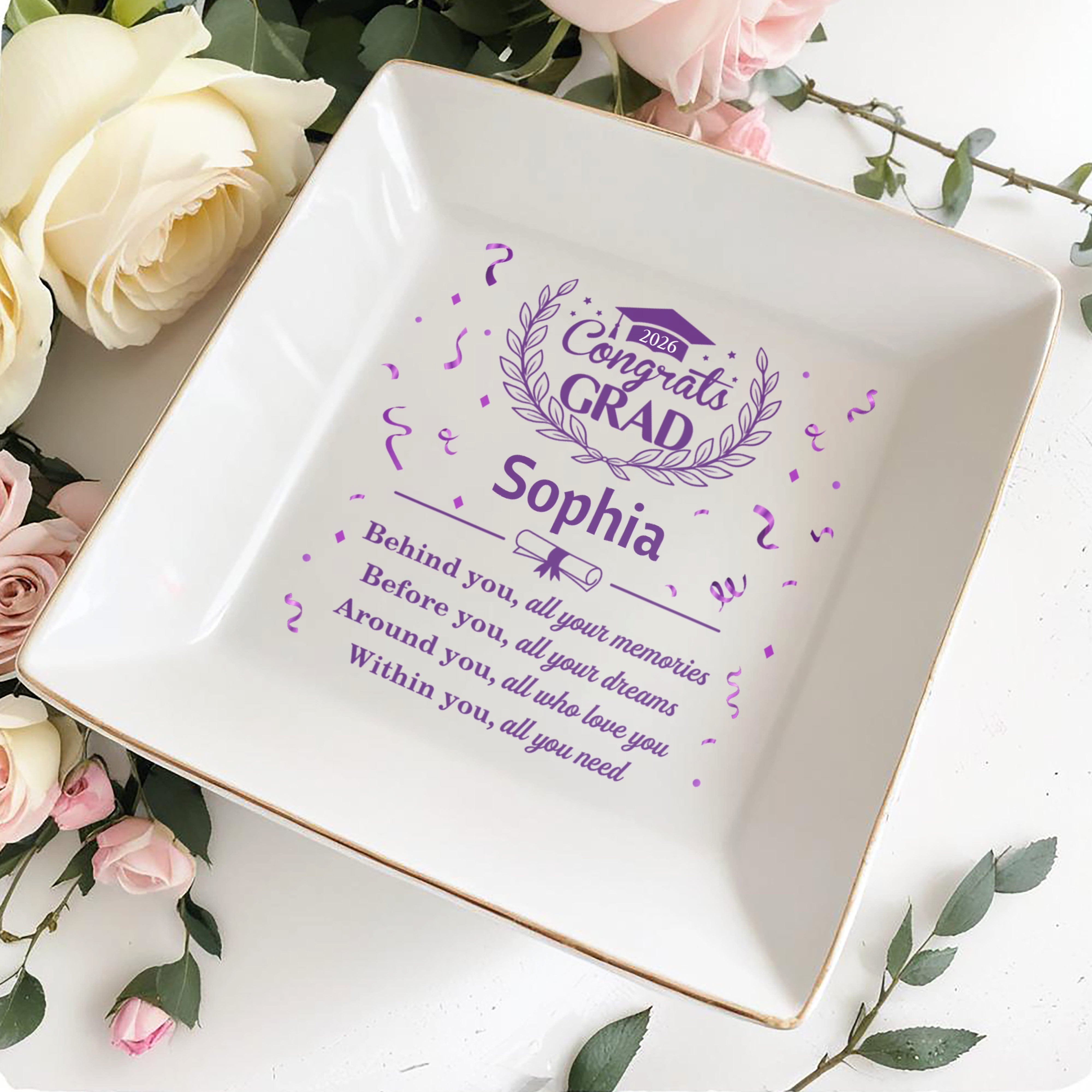 Congrats Grad Behind You All Your Memories Graduation Cap Laurel Wreath - Personalized Custom Jewelry Dish, Square Ceramic Dish - GRAD503_SCRD