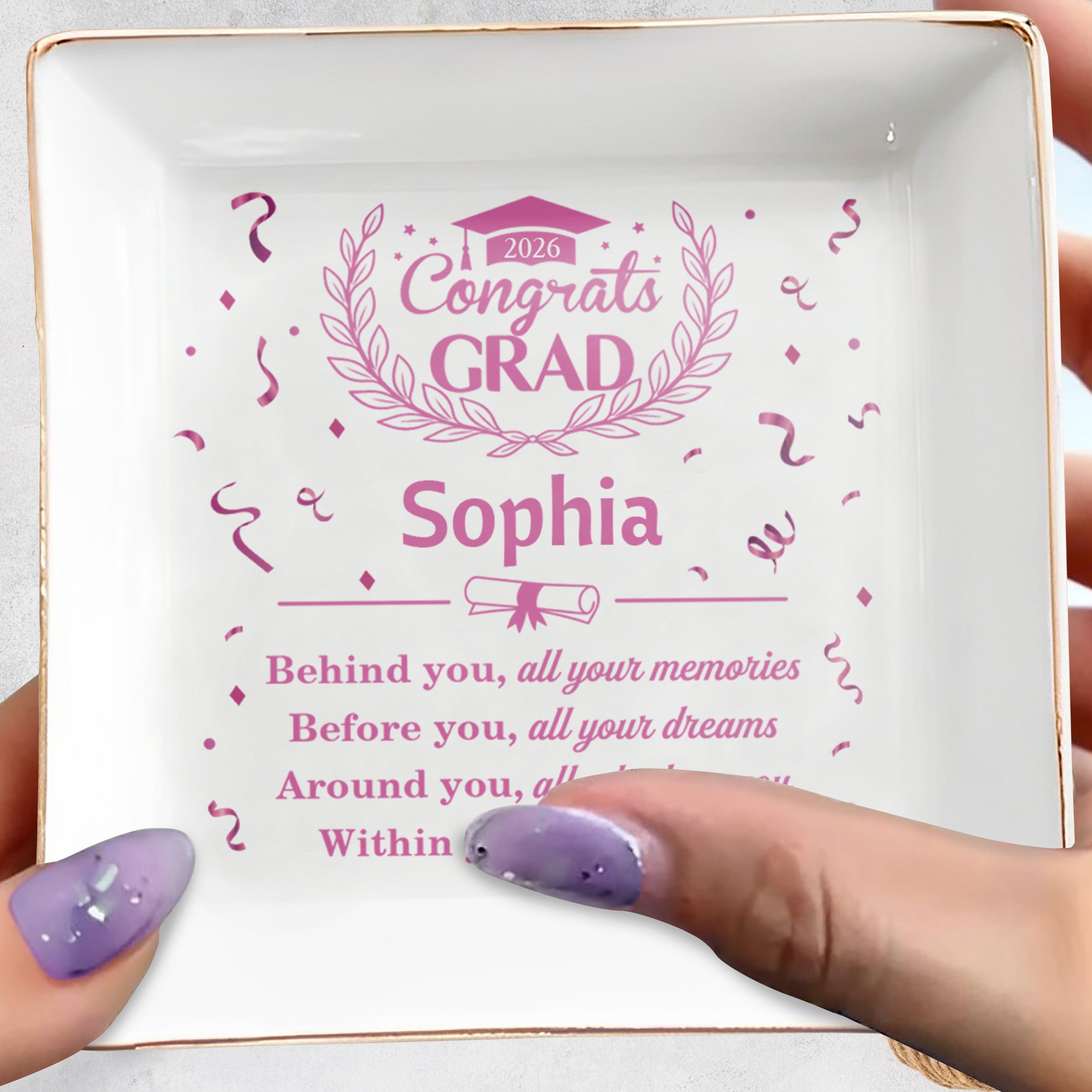 Congrats Grad Behind You All Your Memories Graduation Cap Laurel Wreath - Personalized Custom Jewelry Dish, Square Ceramic Dish - GRAD503_SCRD