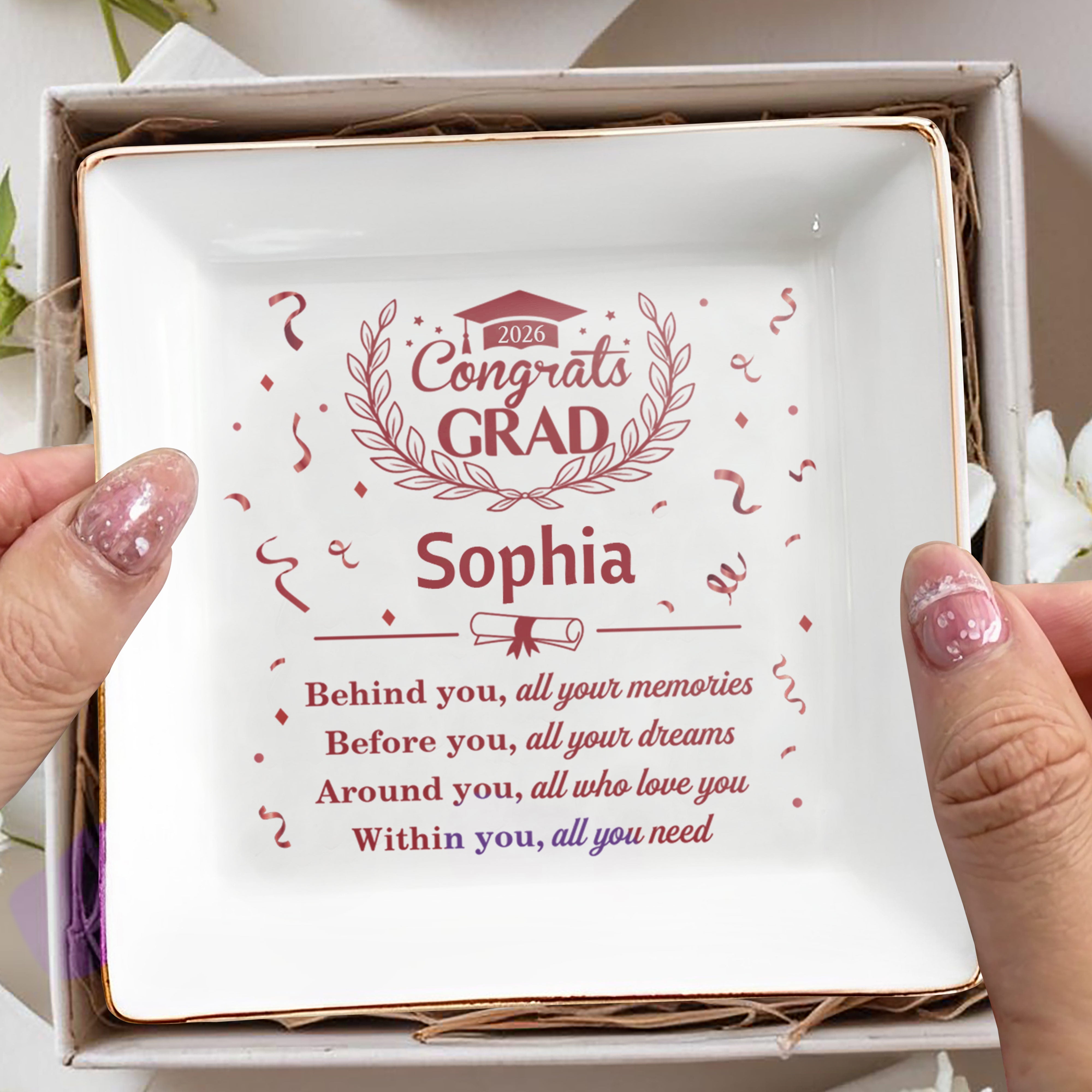 Congrats Grad Behind You All Your Memories Graduation Cap Laurel Wreath - Personalized Custom Jewelry Dish, Square Ceramic Dish - GRAD503_SCRD