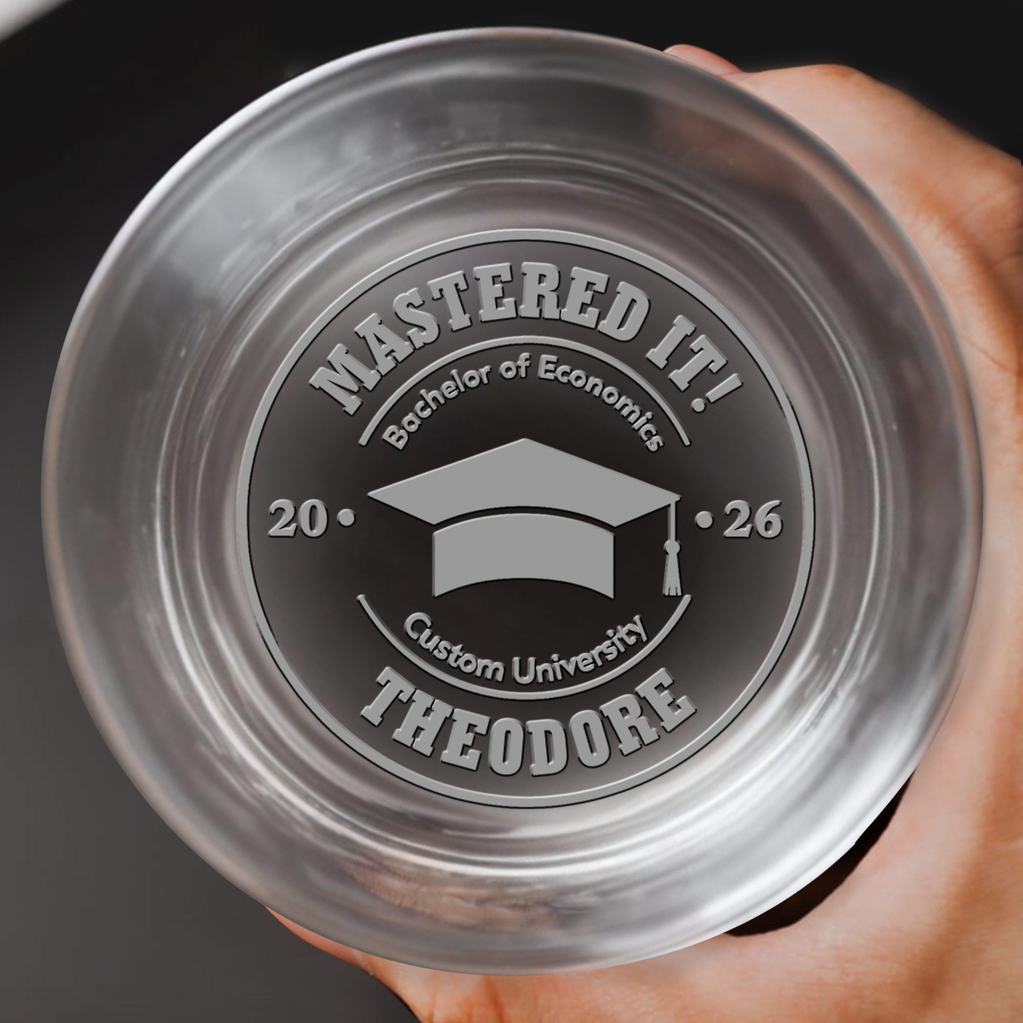 Mastered It Bachelor Of Economics Graduation Cap University - Personalized Engraved Whiskey Glass - GRAD515_EWG