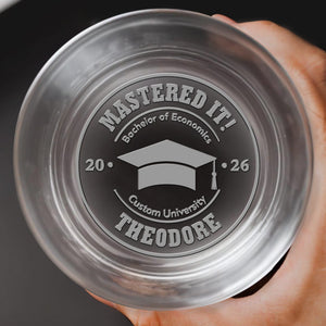 Mastered It Bachelor Of Economics Graduation Cap University - Personalized Engraved Whiskey Glass - GRAD515_EWG