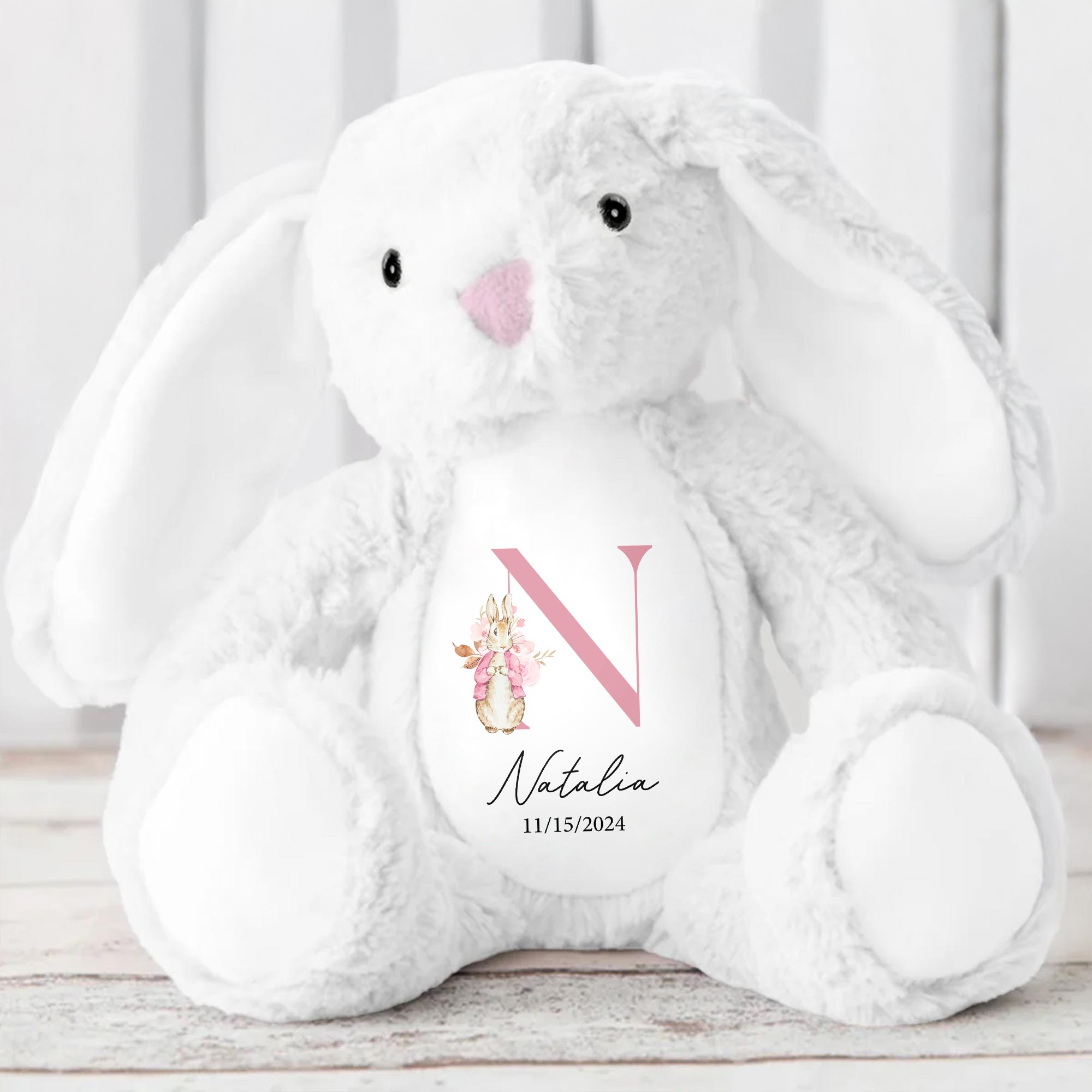 Cute Bunny With Floral Design For A Beautiful Touch - Personalized Stuffed Bunny - GRK008_BUN