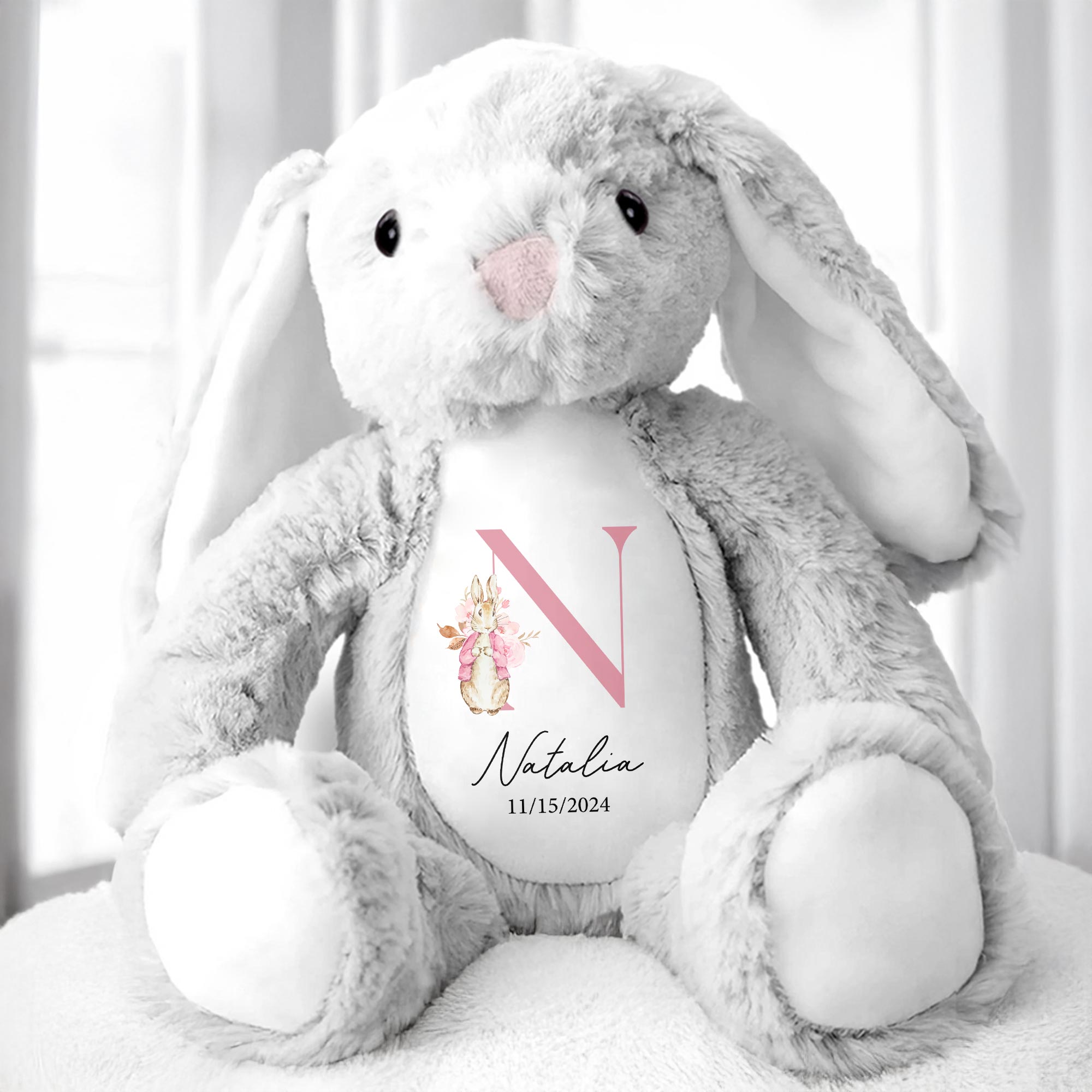 Cute Bunny With Floral Design For A Beautiful Touch - Personalized Stuffed Bunny - GRK008_BUN
