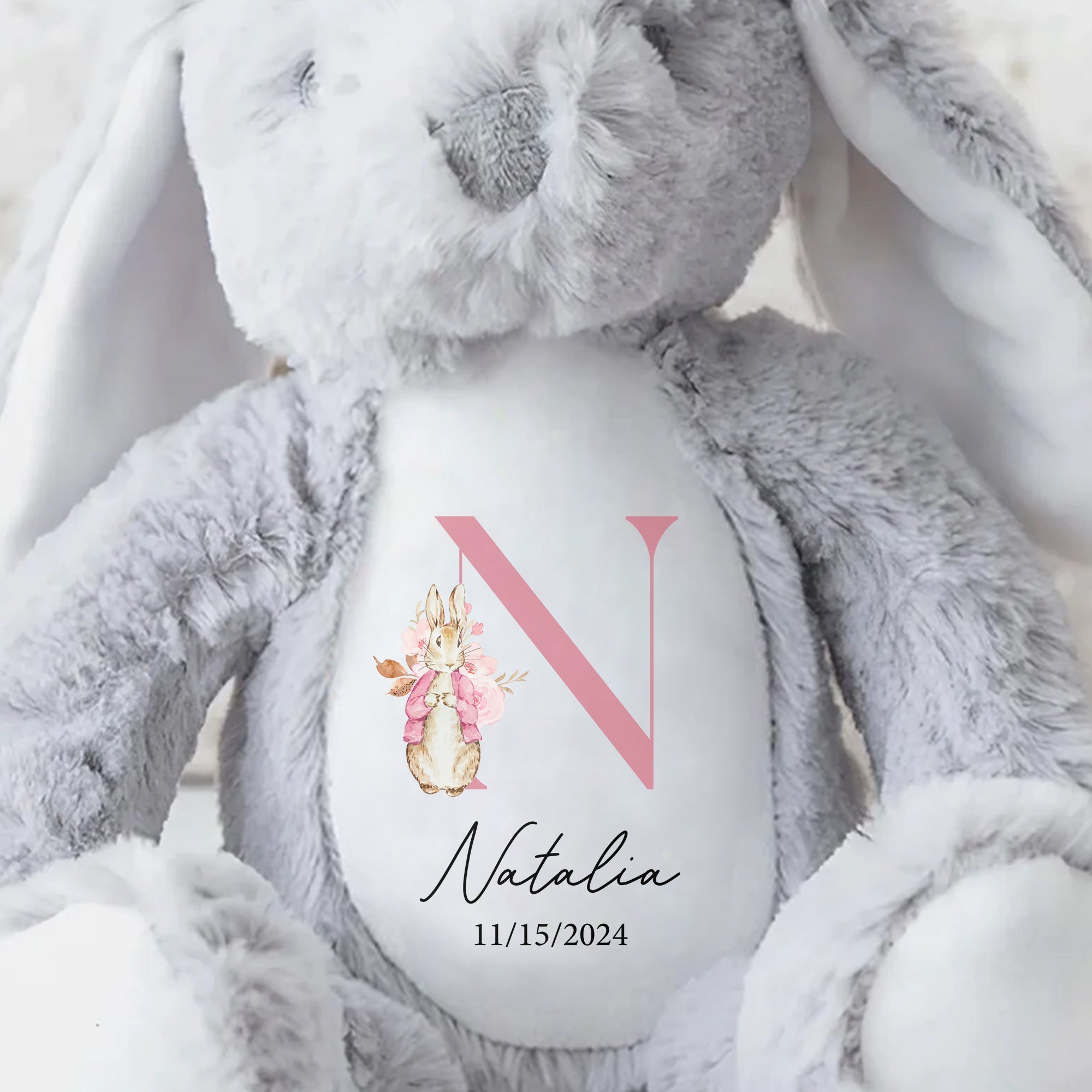 Cute Bunny With Floral Design For A Beautiful Touch - Personalized Stuffed Bunny - GRK008_BUN