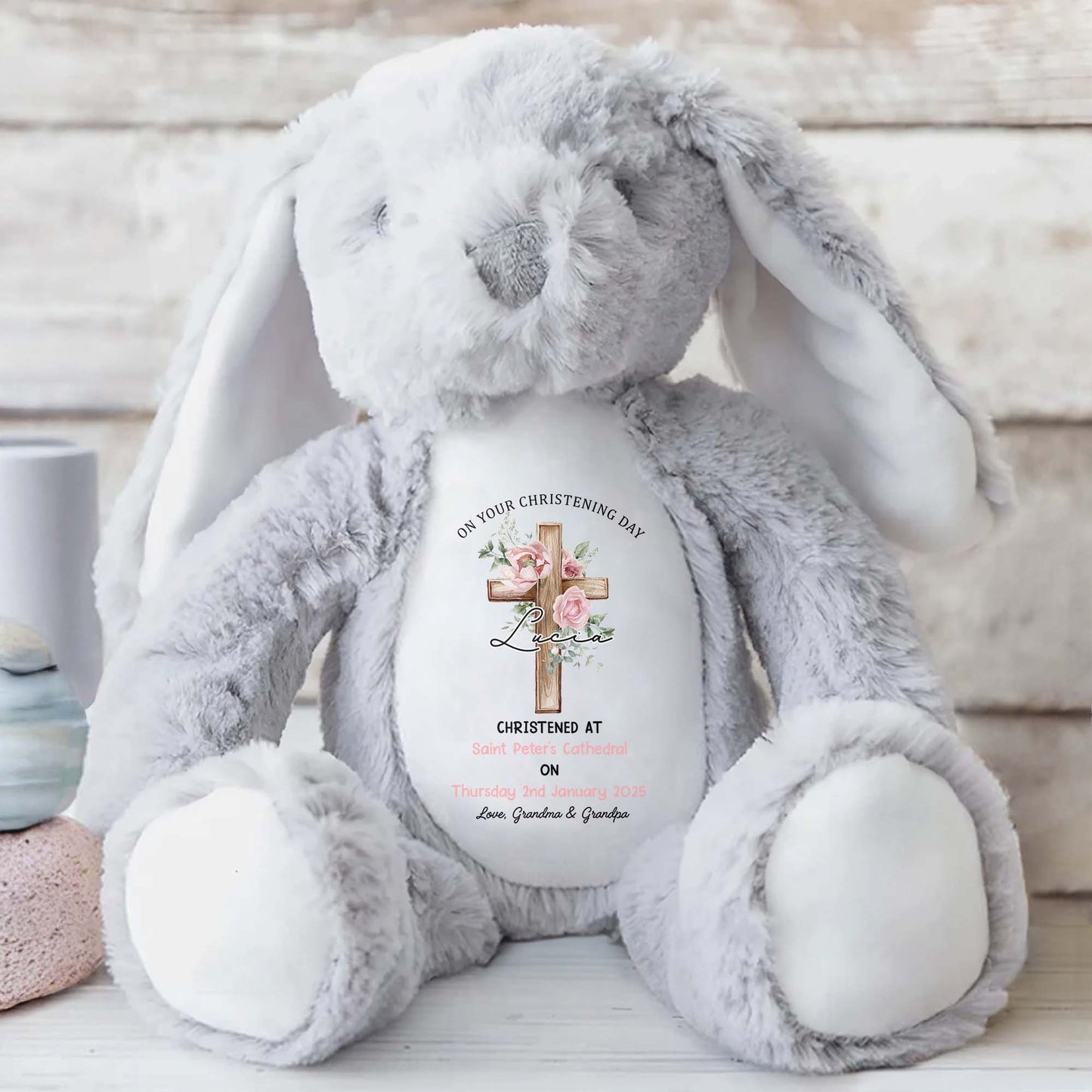 On Your Christening Day, Roses and Christian Cross - Personalized Stuffed Bunny - GRK010_BUN