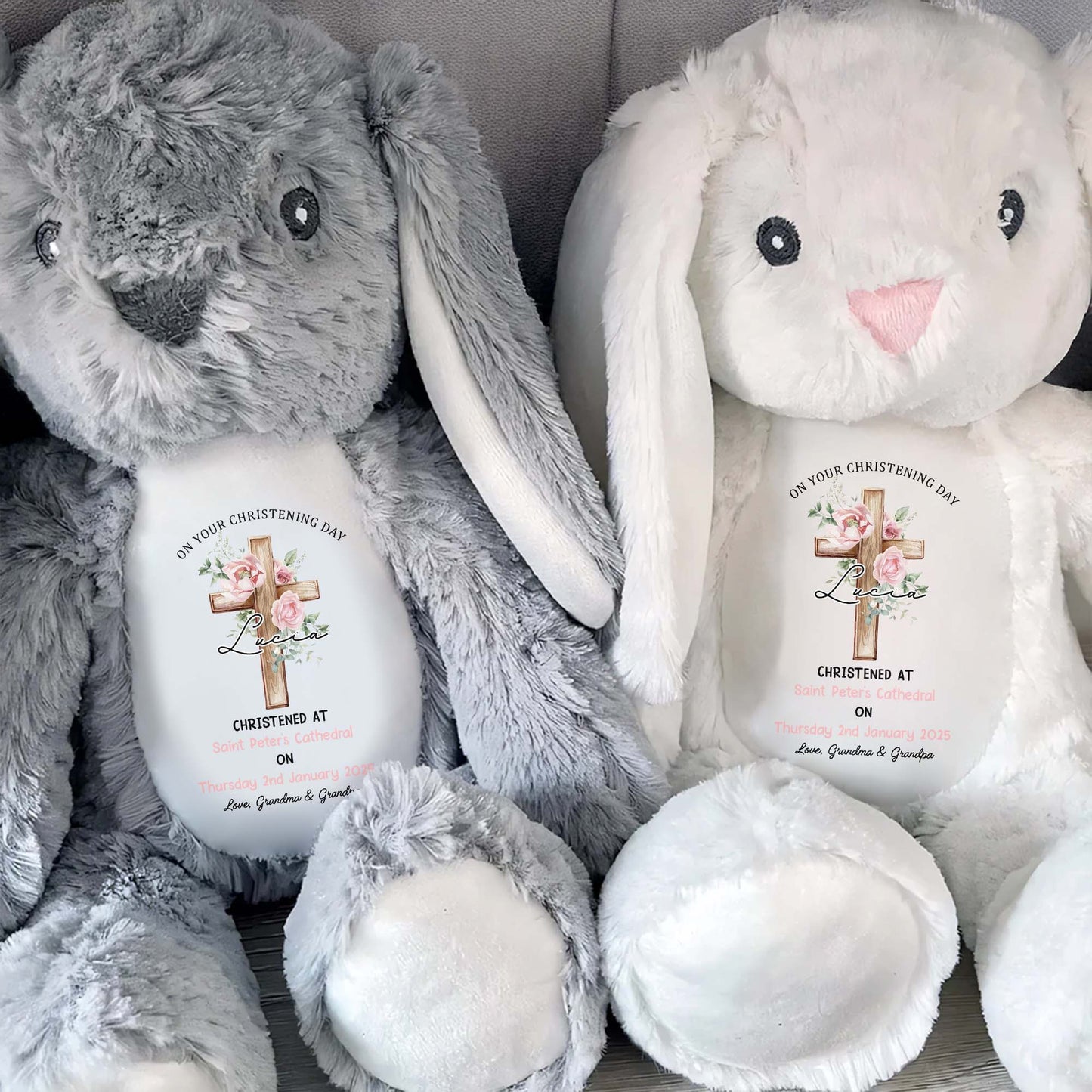 On Your Christening Day, Roses and Christian Cross - Personalized Stuffed Bunny - GRK010_BUN