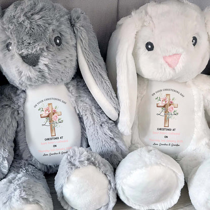On Your Christening Day, Roses and Christian Cross - Personalized Stuffed Bunny - GRK010_BUN