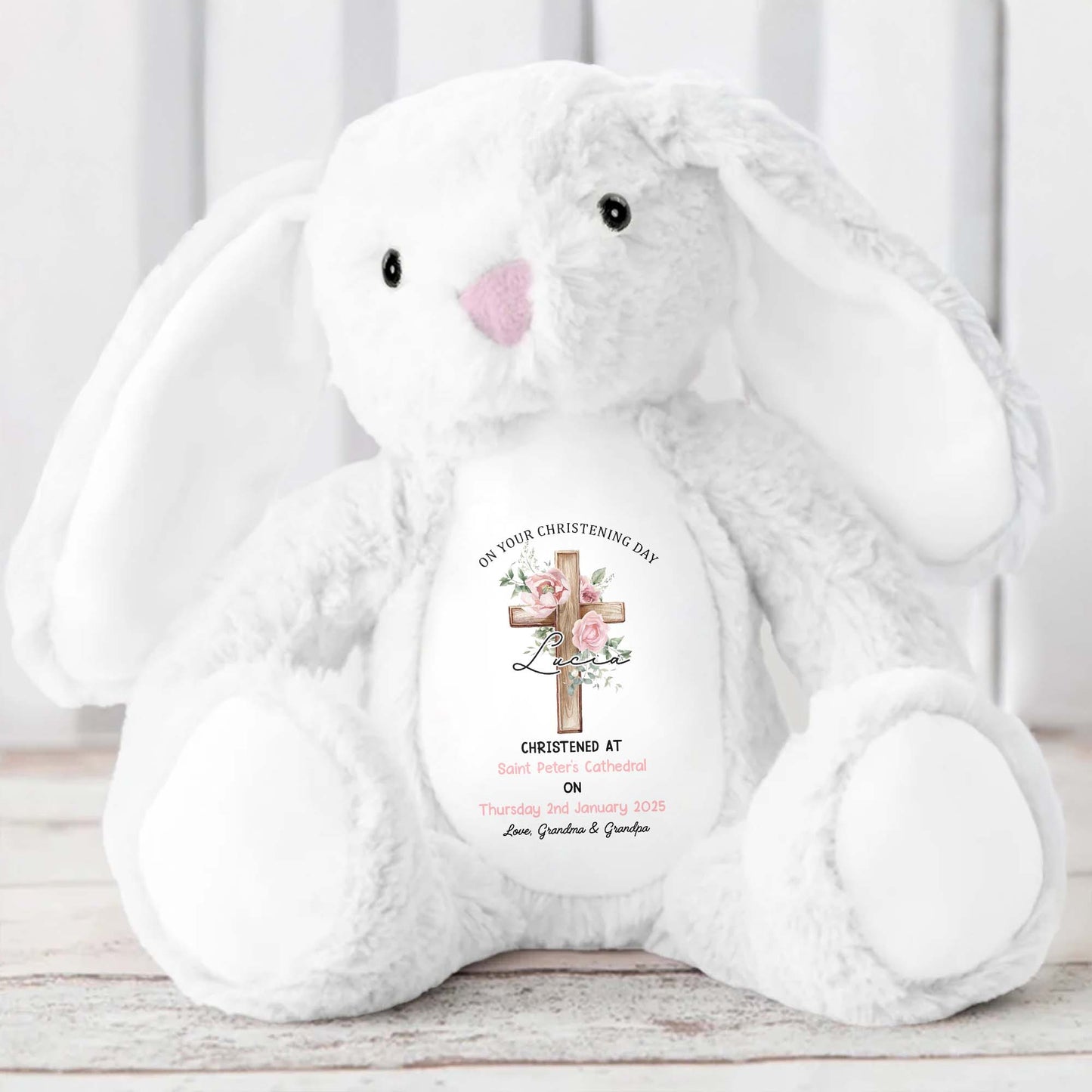 On Your Christening Day, Roses and Christian Cross - Personalized Stuffed Bunny - GRK010_BUN