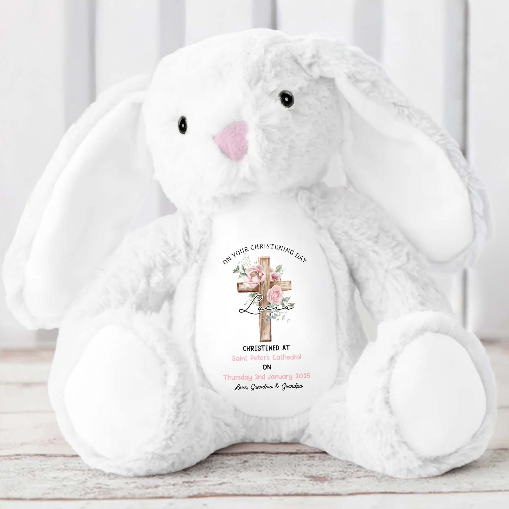 On Your Christening Day, Roses and Christian Cross - Personalized Stuffed Bunny - GRK010_BUN