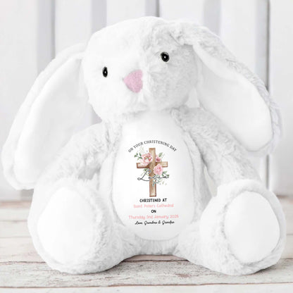 On Your Christening Day, Roses and Christian Cross - Personalized Stuffed Bunny - GRK010_BUN