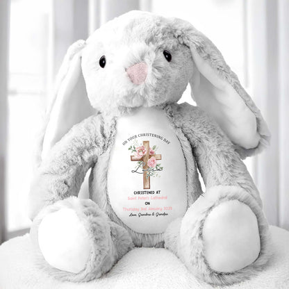 On Your Christening Day, Roses and Christian Cross - Personalized Stuffed Bunny - GRK010_BUN