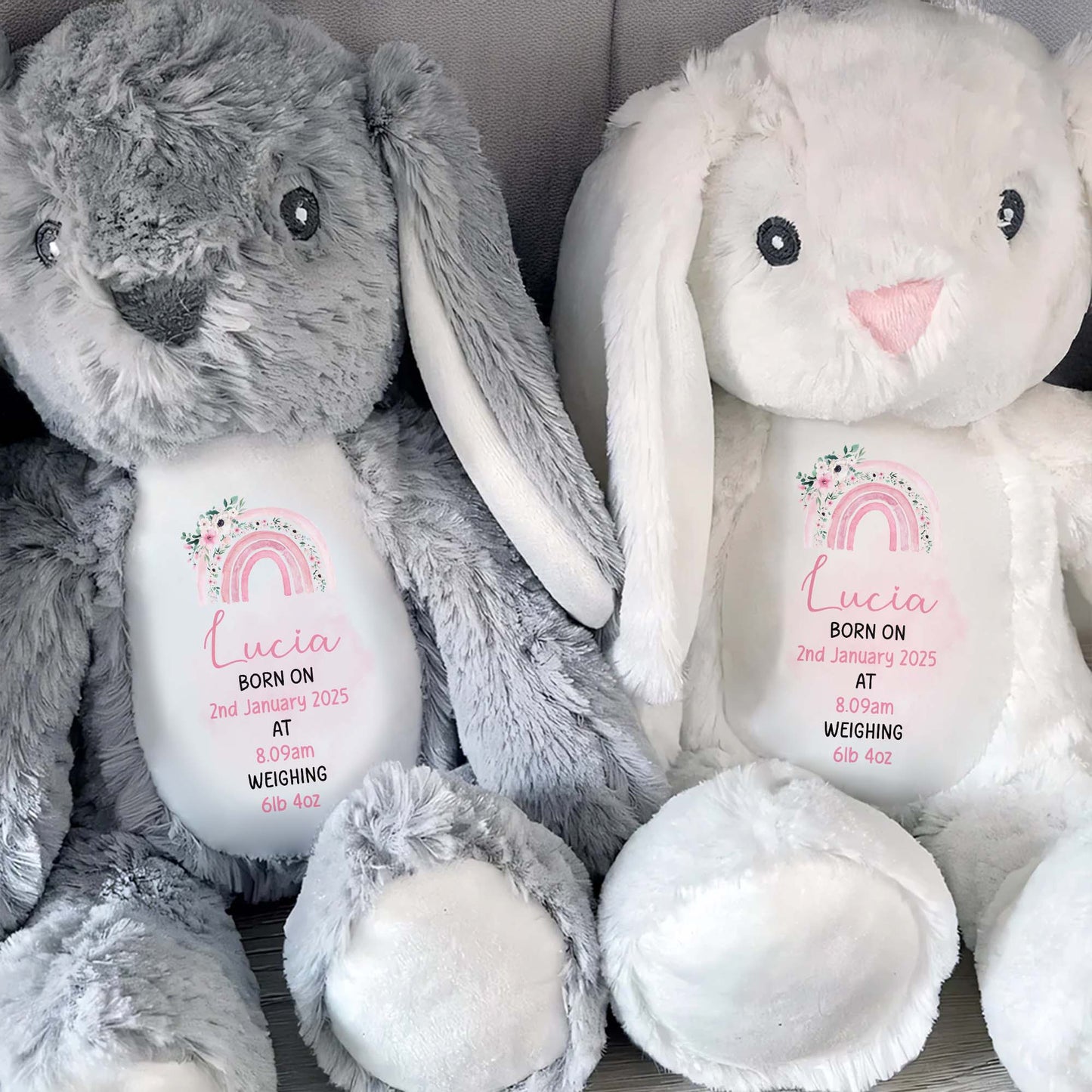 Celebrate The Joy Of A New Arrival, Rainbow And Flowers - Personalized Stuffed Bunny - GRK011_BUN