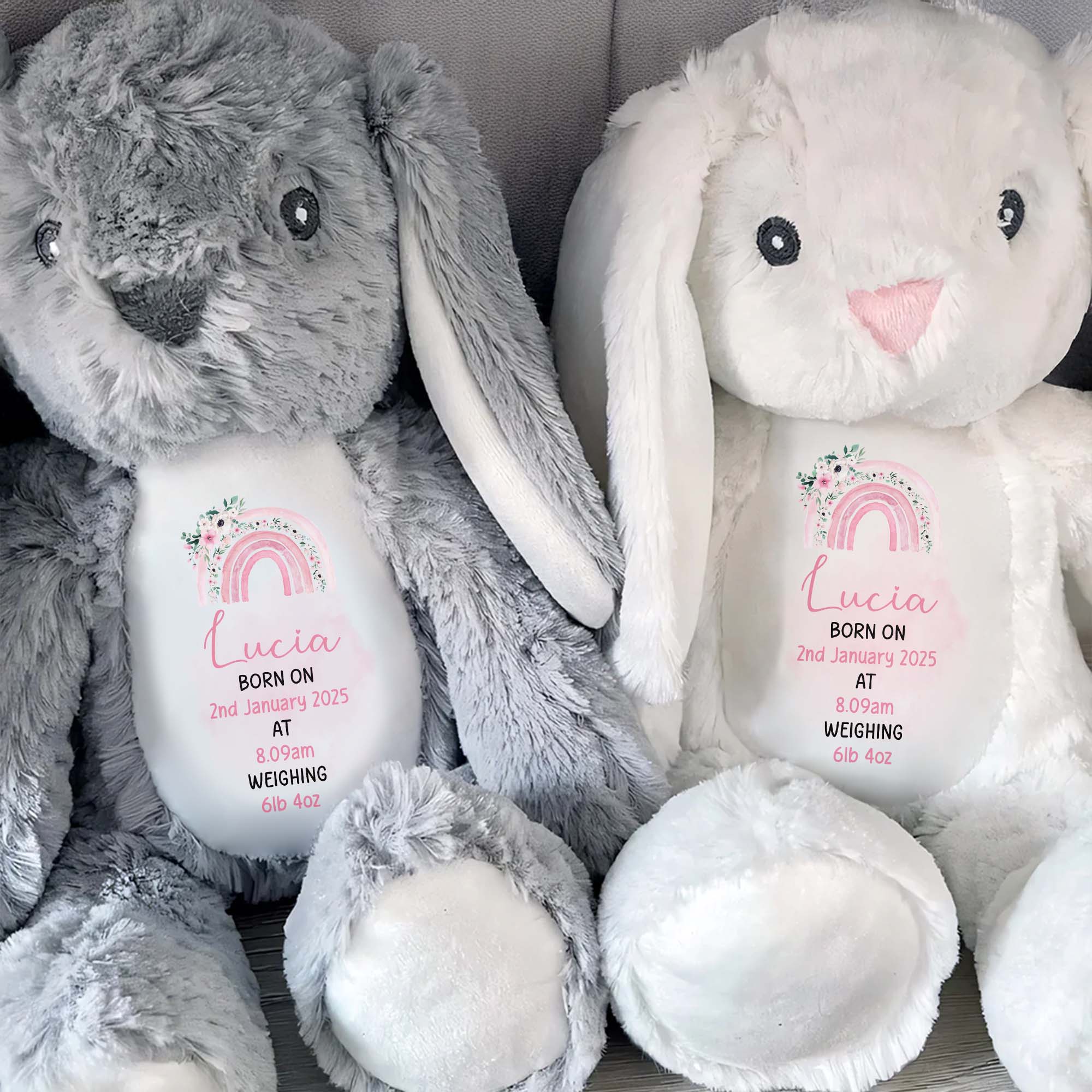 Celebrate The Joy Of A New Arrival, Rainbow And Flowers - Personalized Stuffed Bunny - GRK011_BUN