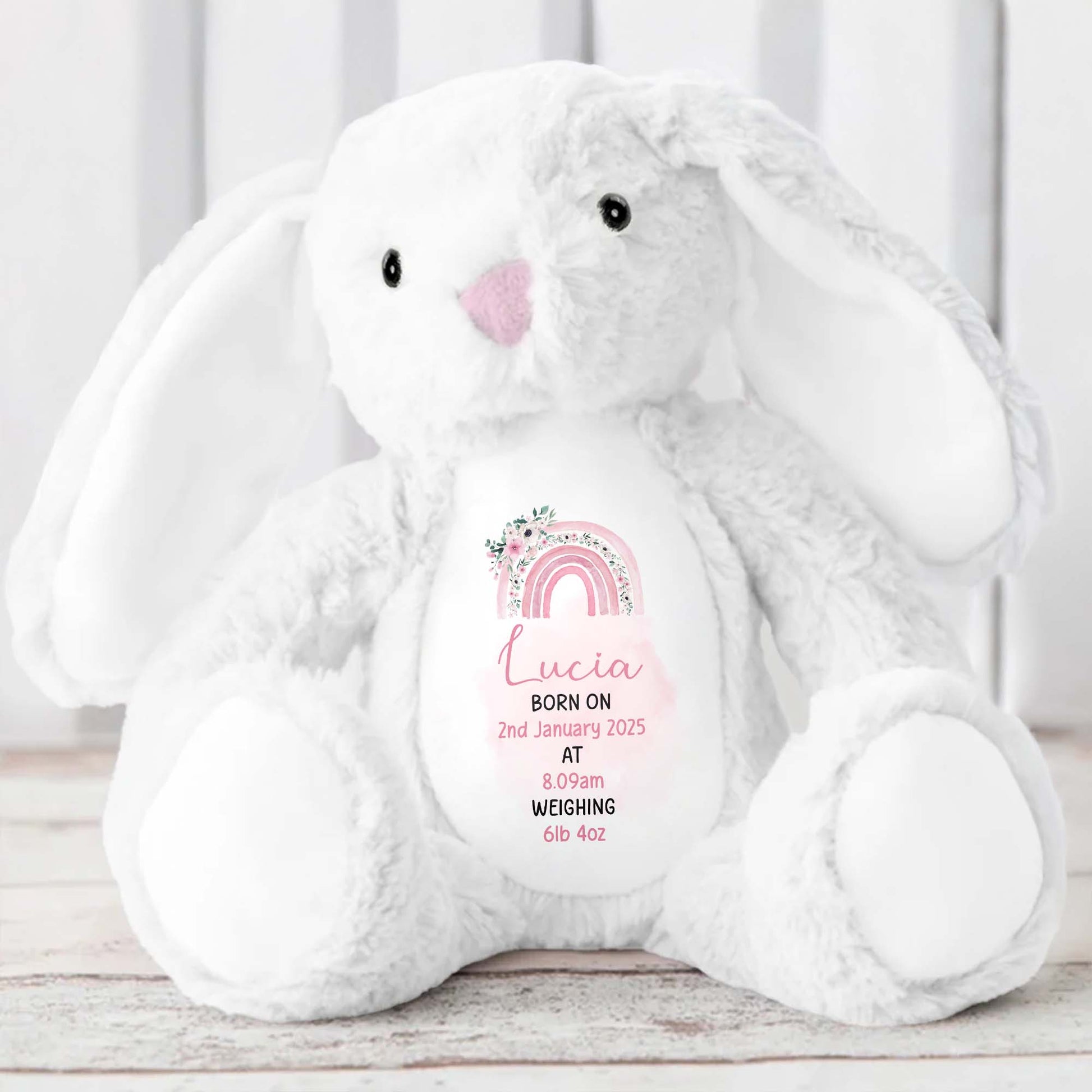 Celebrate The Joy Of A New Arrival, Rainbow And Flowers - Personalized Stuffed Bunny - GRK011_BUN