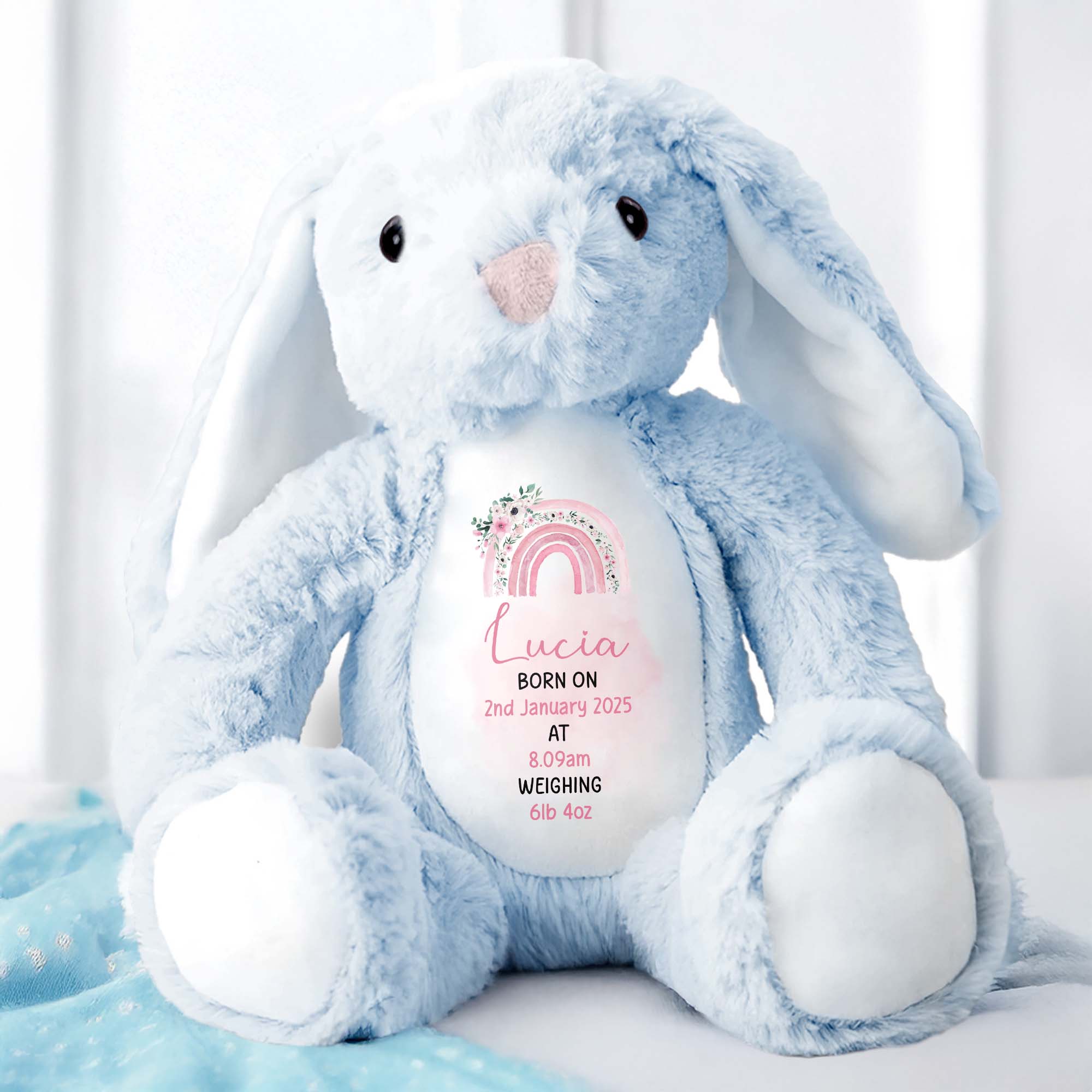 Celebrate The Joy Of A New Arrival, Rainbow And Flowers - Personalized Stuffed Bunny - GRK011_BUN