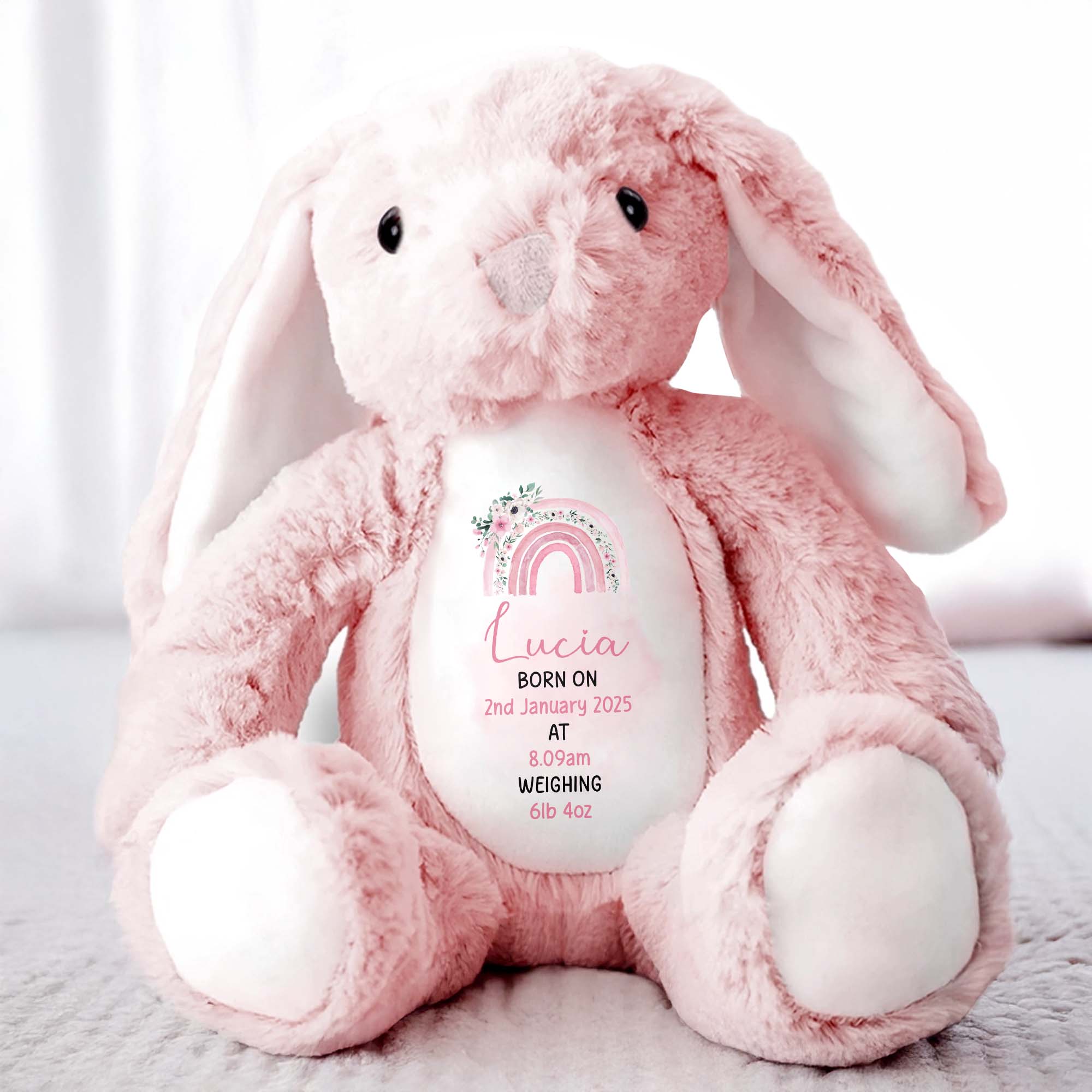 Celebrate The Joy Of A New Arrival, Rainbow And Flowers - Personalized Stuffed Bunny - GRK011_BUN