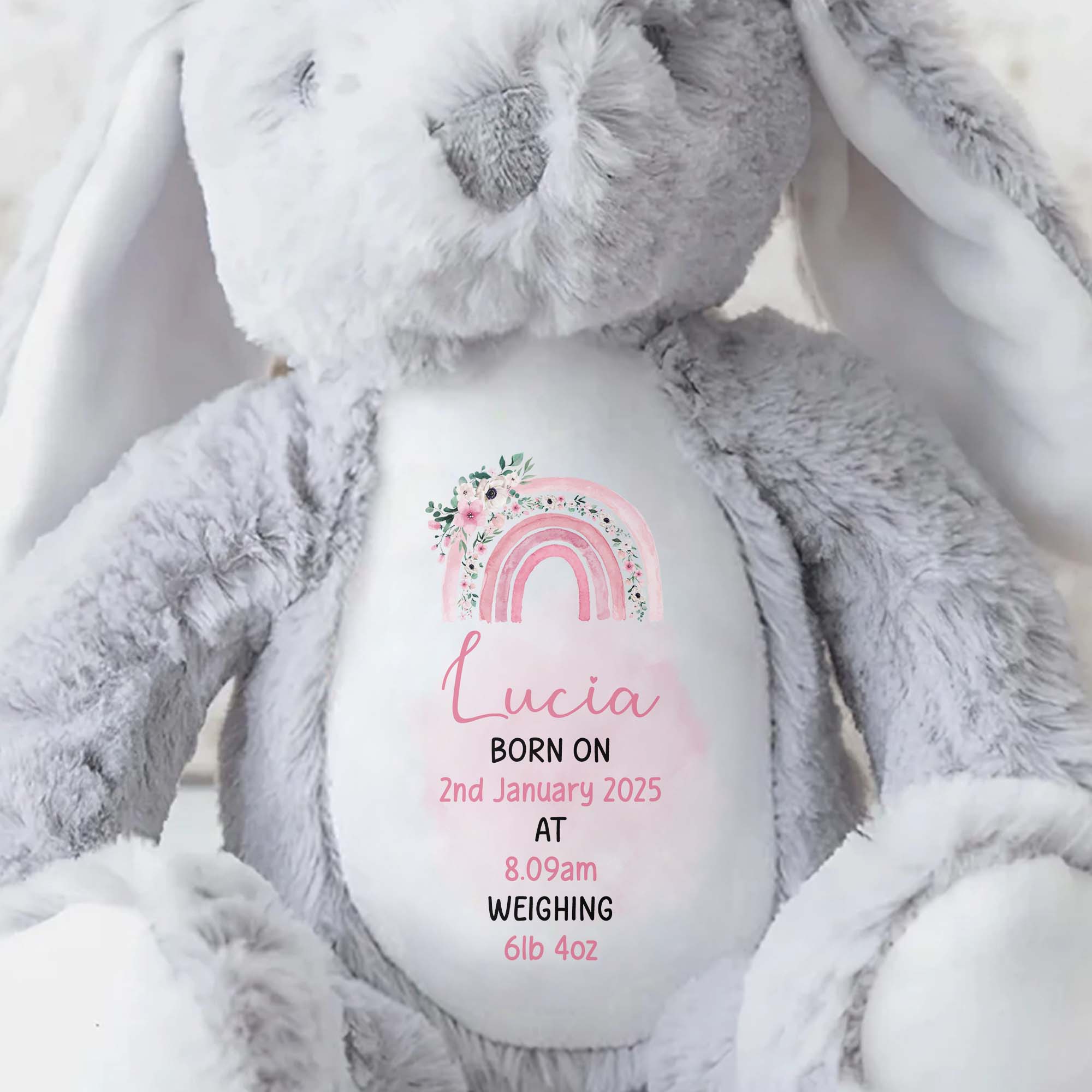 Celebrate The Joy Of A New Arrival, Rainbow And Flowers - Personalized Stuffed Bunny - GRK011_BUN