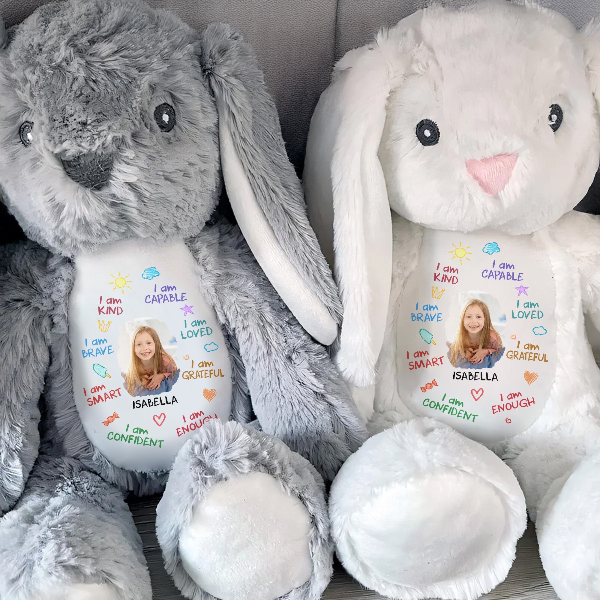 I Am Kind, Capable, Loved, Smart, Confident, Grateful, Enough, Stuffed Bunny - Personalized Stuffed Bunny - GRK013_BUN