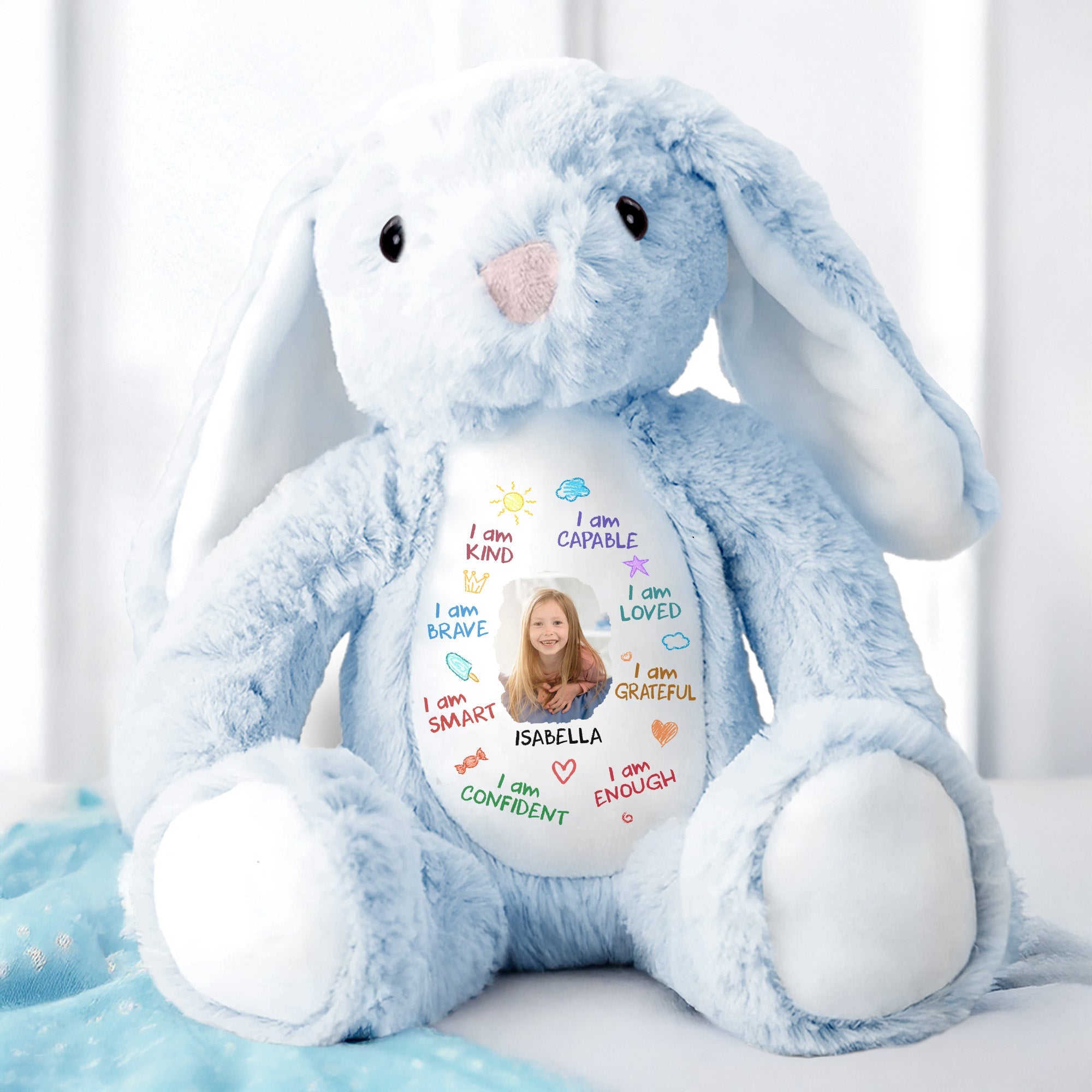 I Am Kind, Capable, Loved, Smart, Confident, Grateful, Enough, Stuffed Bunny - Personalized Stuffed Bunny - GRK013_BUN
