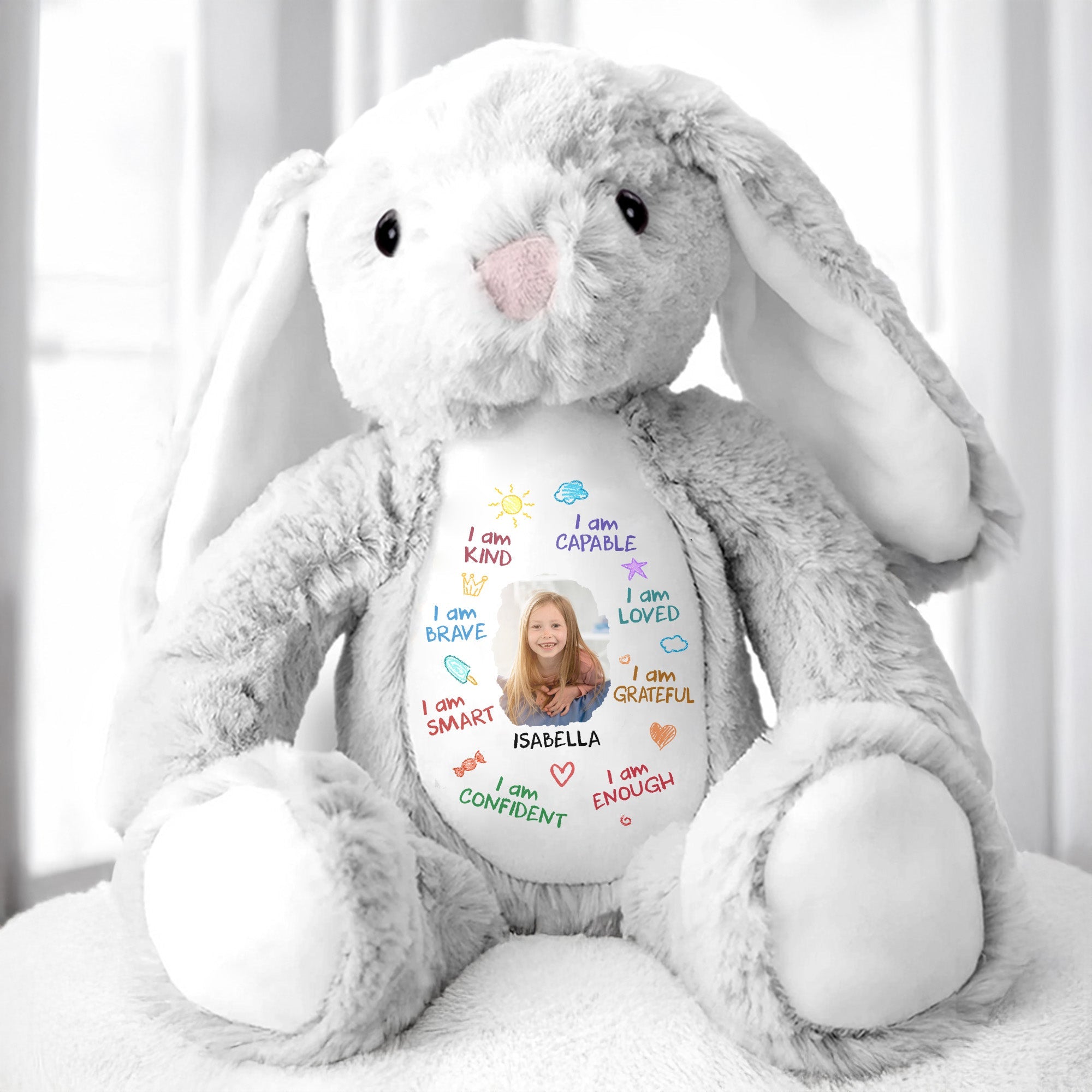 I Am Kind, Capable, Loved, Smart, Confident, Grateful, Enough, Stuffed Bunny - Personalized Stuffed Bunny - GRK013_BUN