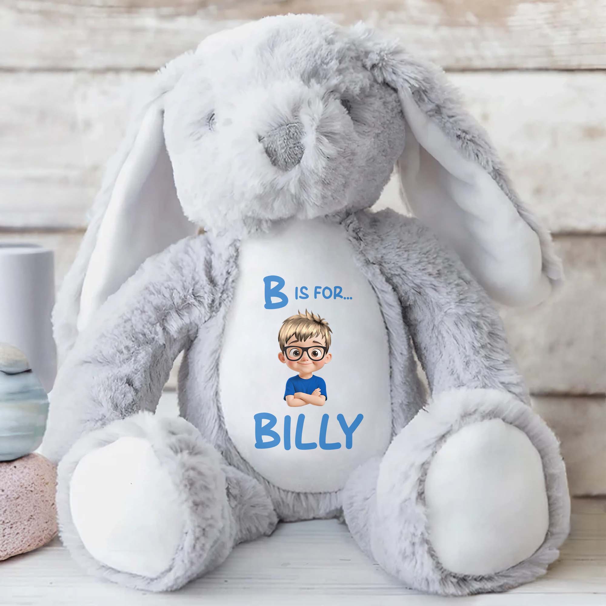 B Is For... Billy, Stuffed Bunny With Cartoon Character - Personalized Stuffed Bunny - GRK019_BUN