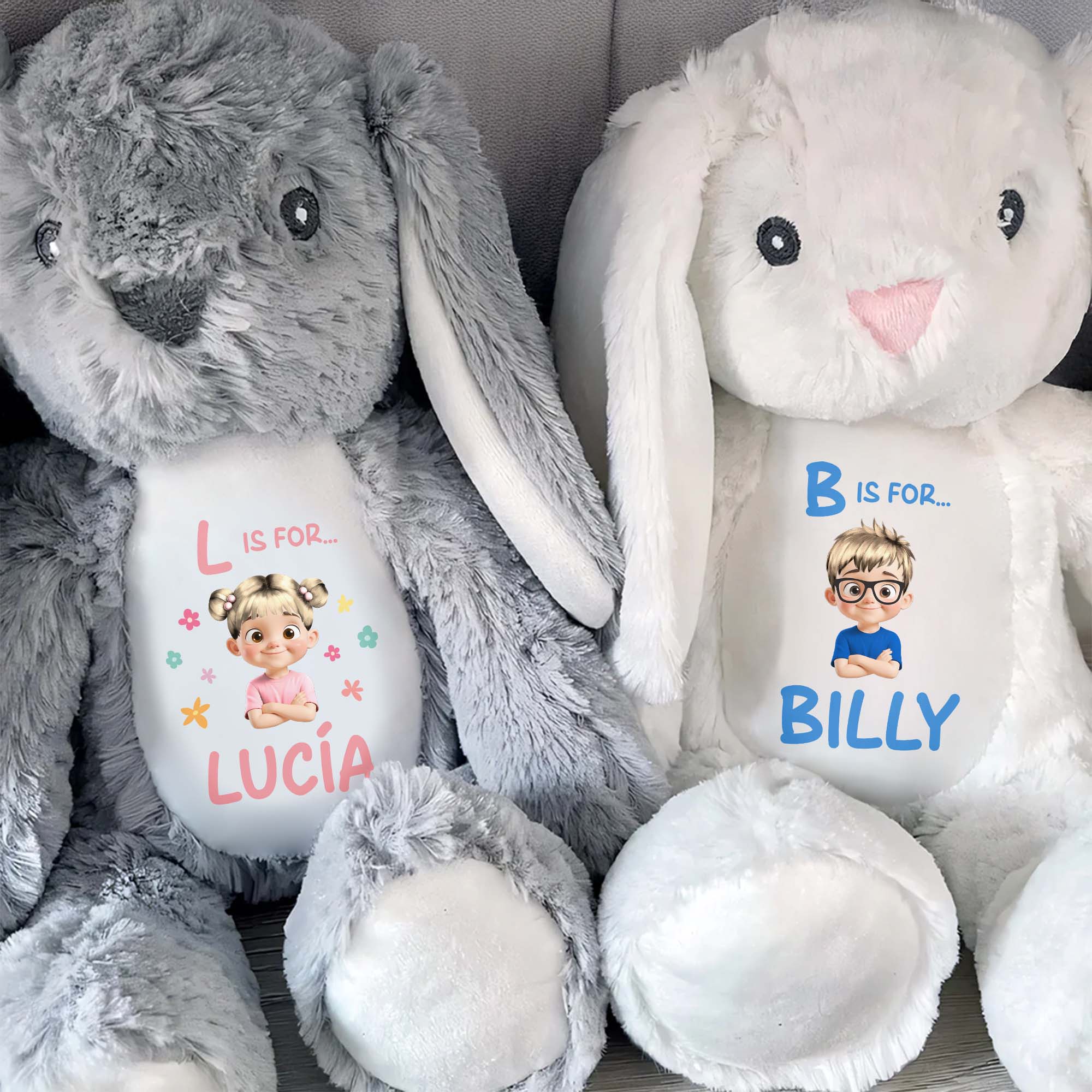 B Is For... Billy, Stuffed Bunny With Cartoon Character - Personalized Stuffed Bunny - GRK019_BUN