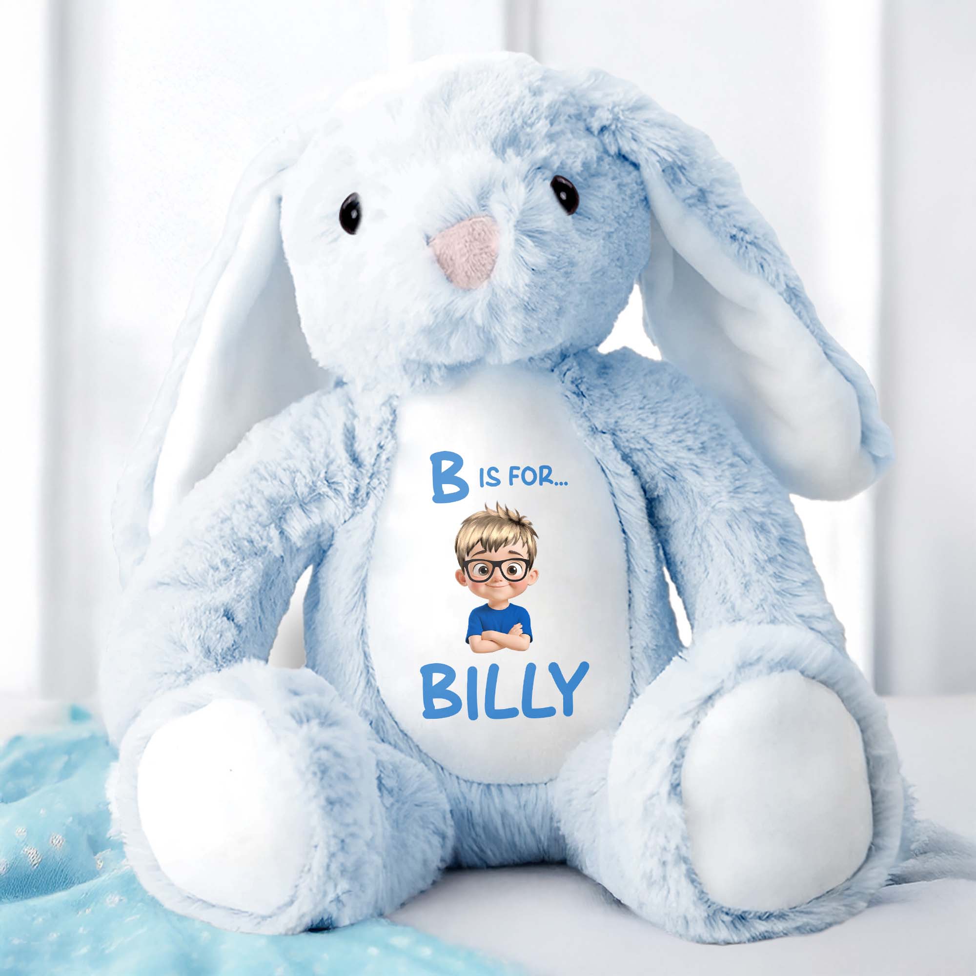B Is For... Billy, Stuffed Bunny With Cartoon Character - Personalized Stuffed Bunny - GRK019_BUN