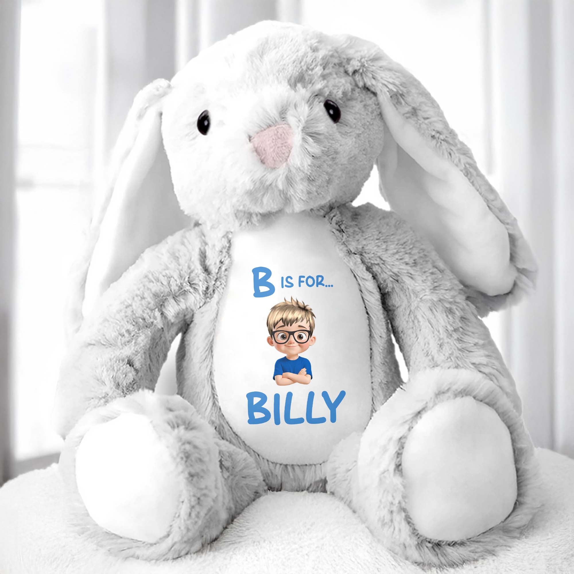 B Is For... Billy, Stuffed Bunny With Cartoon Character - Personalized Stuffed Bunny - GRK019_BUN