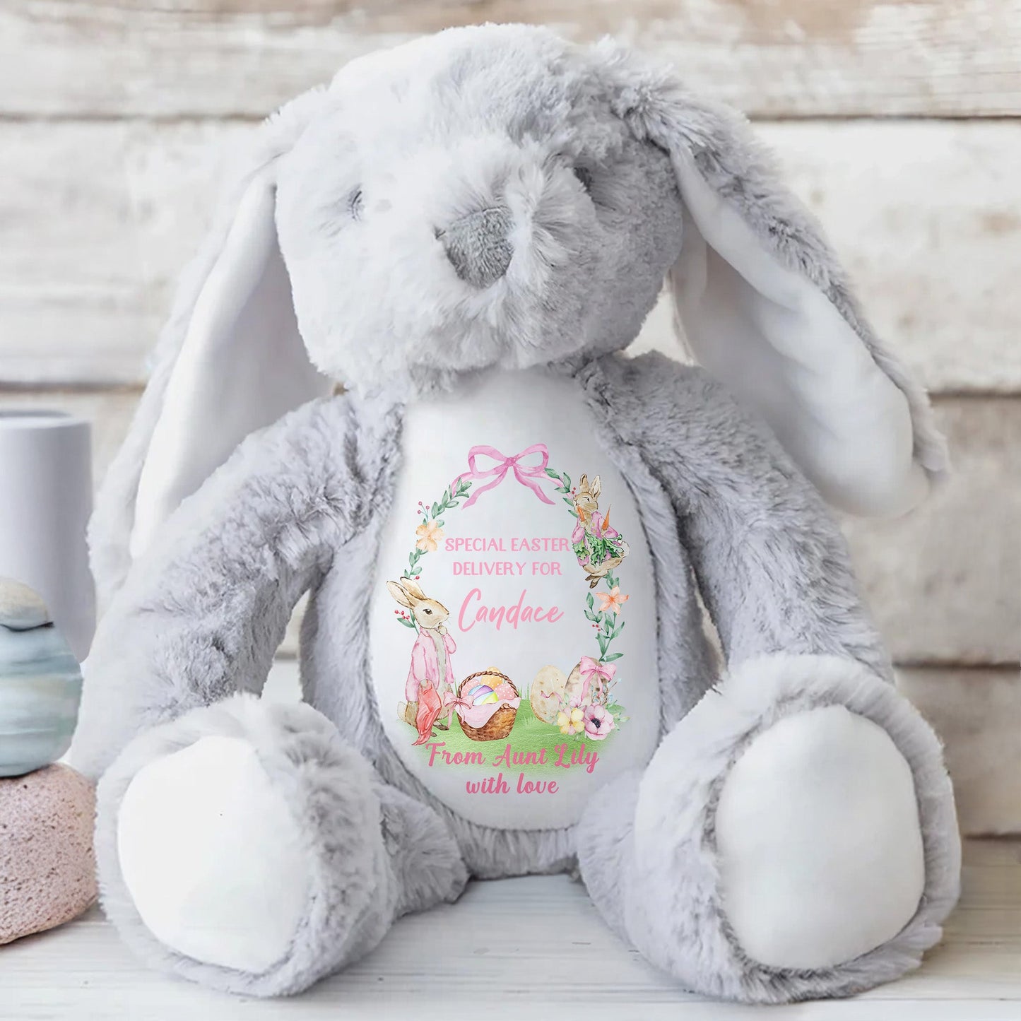 Special Easter Delivery For Candace, Easter Bunny, Eggs And Flowers - Personalized Stuffed Bunny - GRK025_BUN