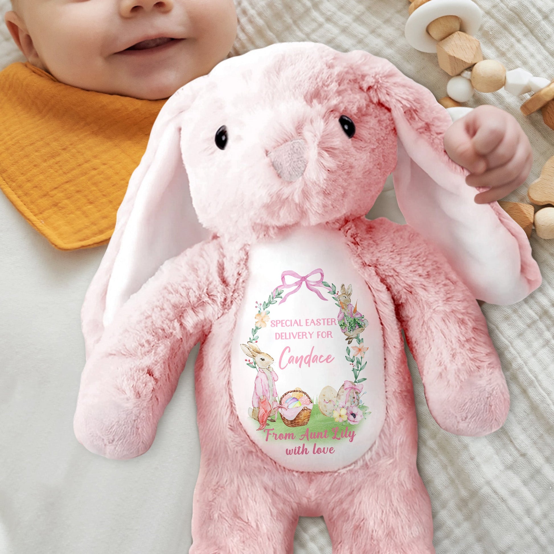 Special Easter Delivery For Candace, Easter Bunny, Eggs And Flowers - Personalized Stuffed Bunny - GRK025_BUN