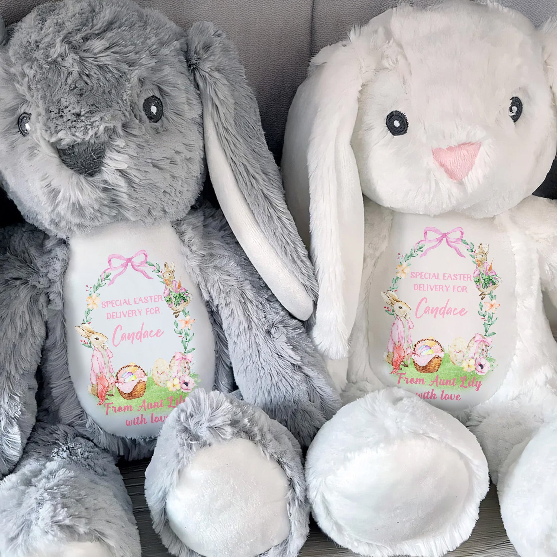 Special Easter Delivery For Candace, Easter Bunny, Eggs And Flowers - Personalized Stuffed Bunny - GRK025_BUN
