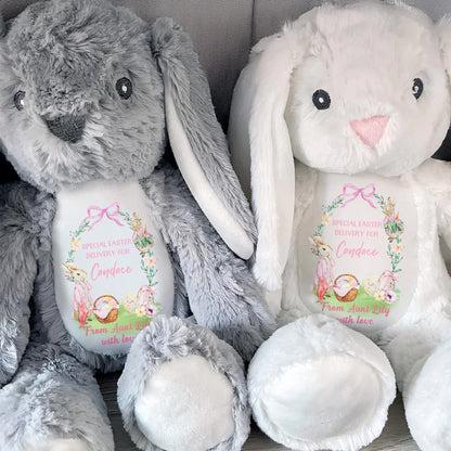 Special Easter Delivery For Candace, Easter Bunny, Eggs And Flowers - Personalized Stuffed Bunny - GRK025_BUN