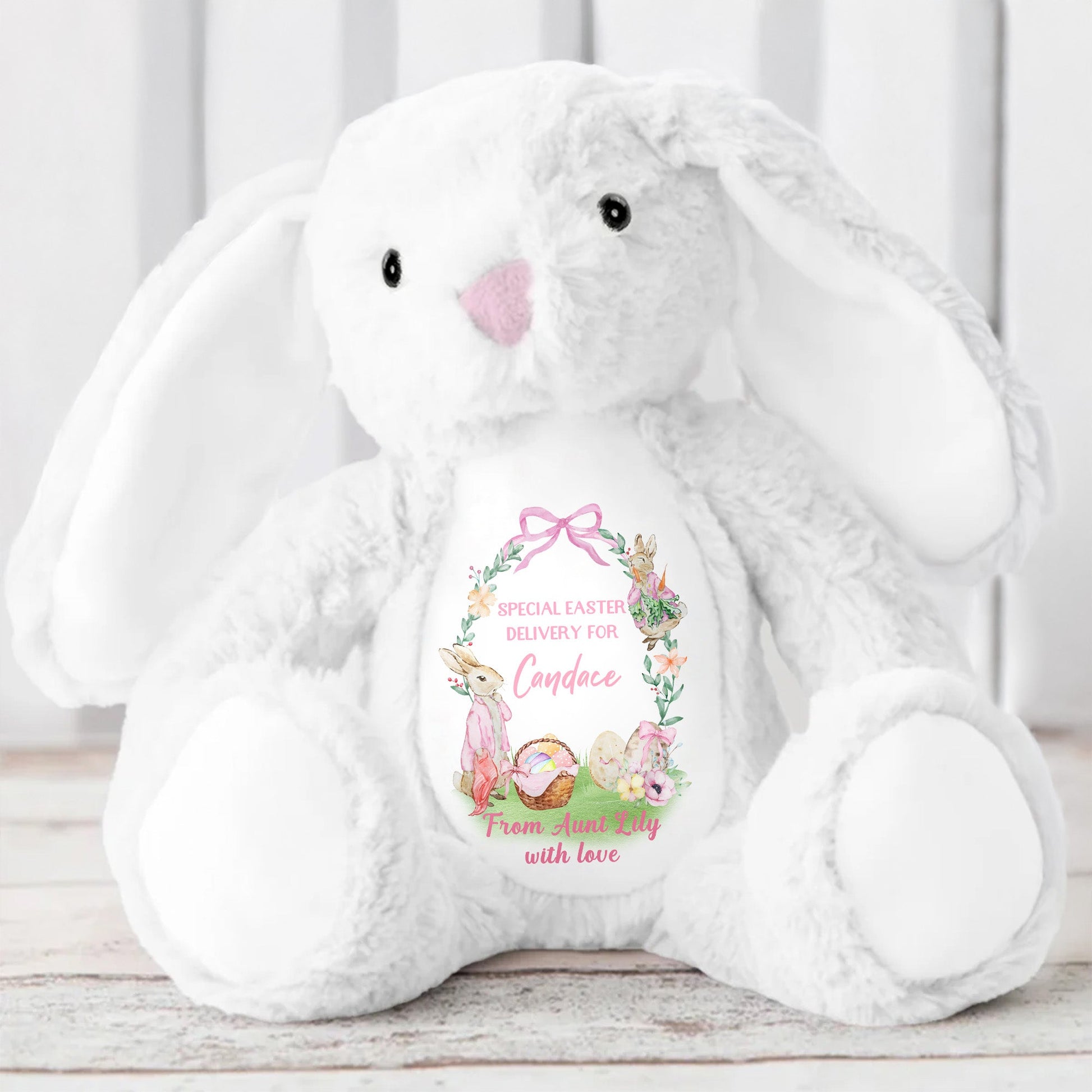 Special Easter Delivery For Candace, Easter Bunny, Eggs And Flowers - Personalized Stuffed Bunny - GRK025_BUN
