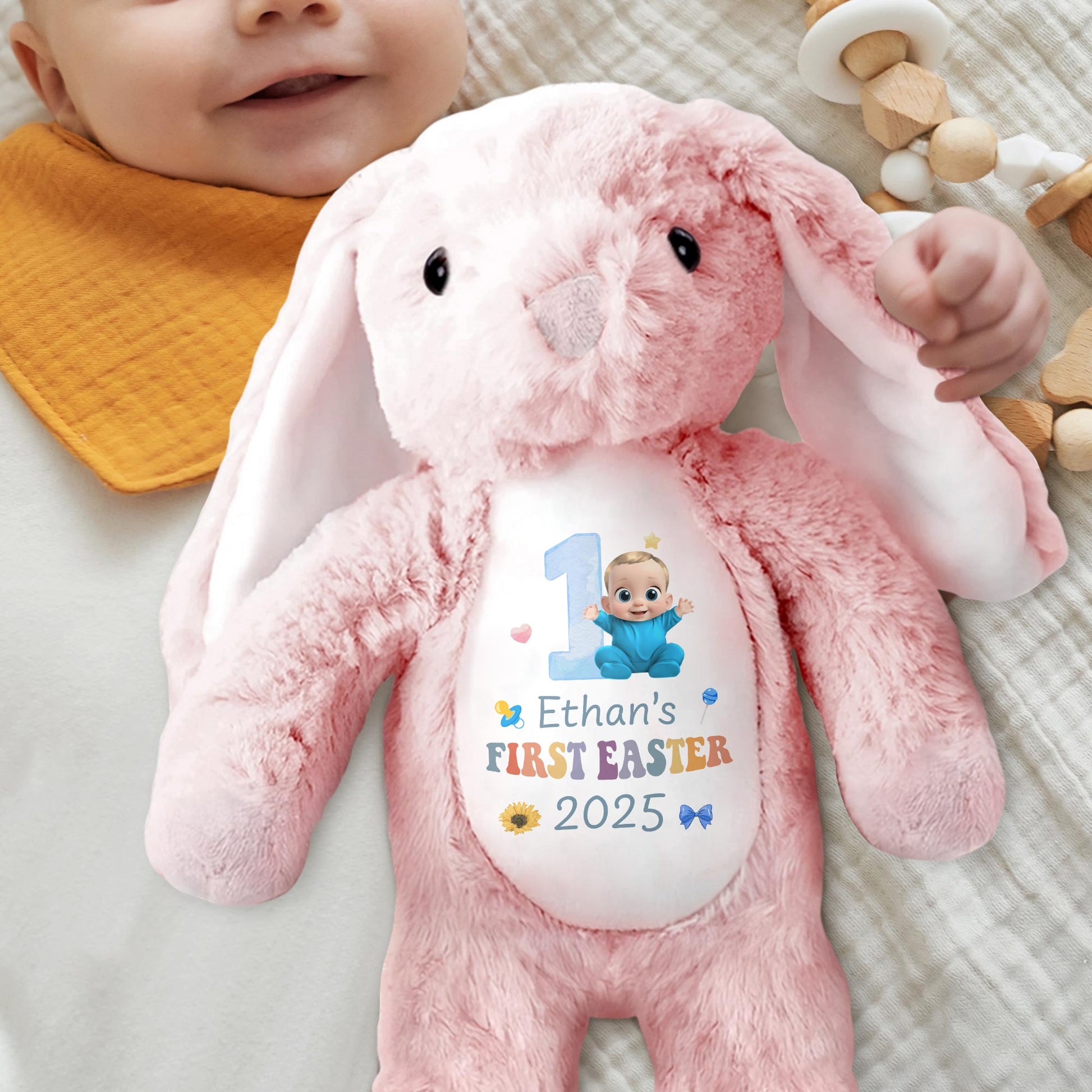 Baby's First Easter 2025, Bunny and Baby Design - Personalized Stuffed Bunny - GRK028_BUN
