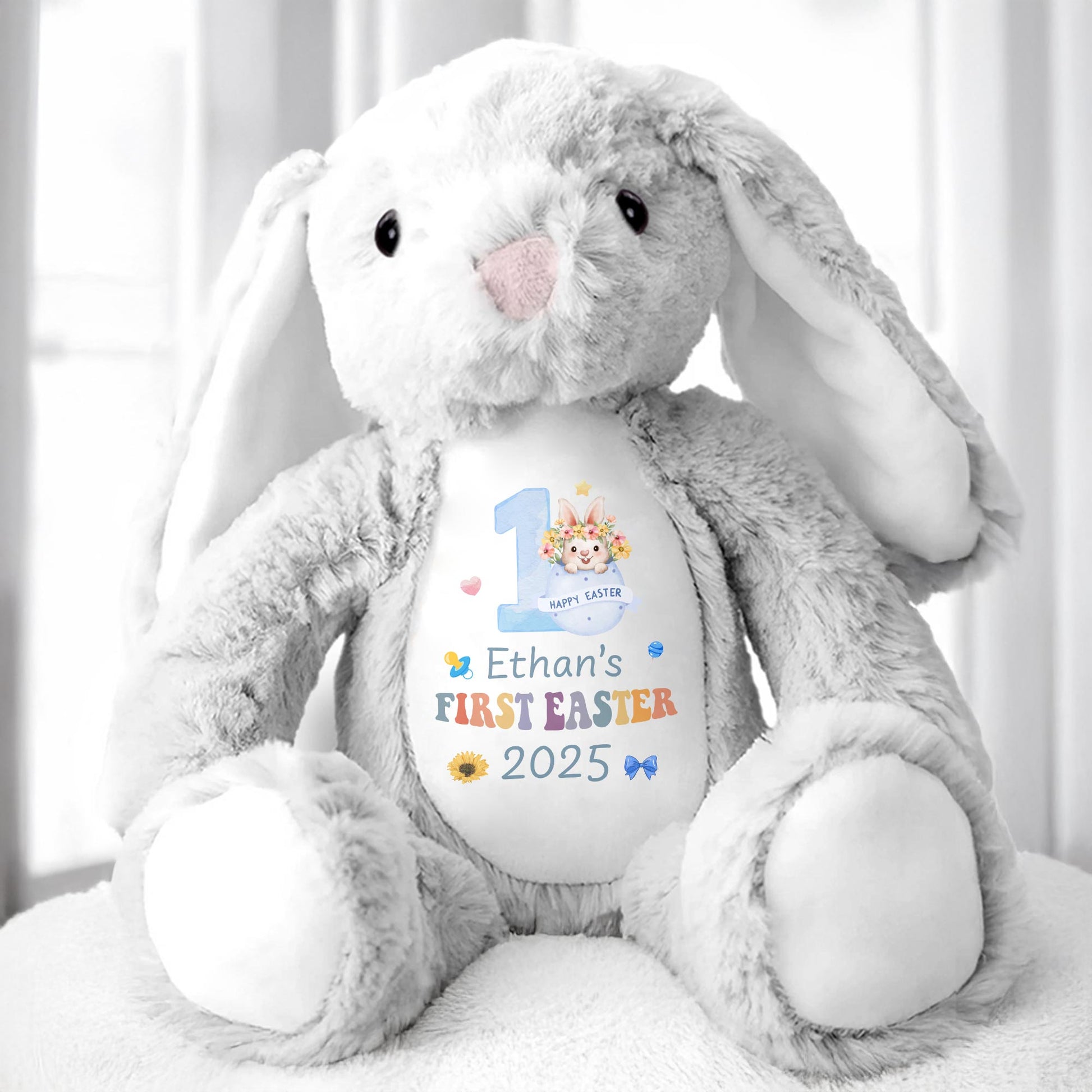 Happy First Easter 2025, Bunny and Easter Eggs - Personalized Stuffed Bunny - GRK029_BUN