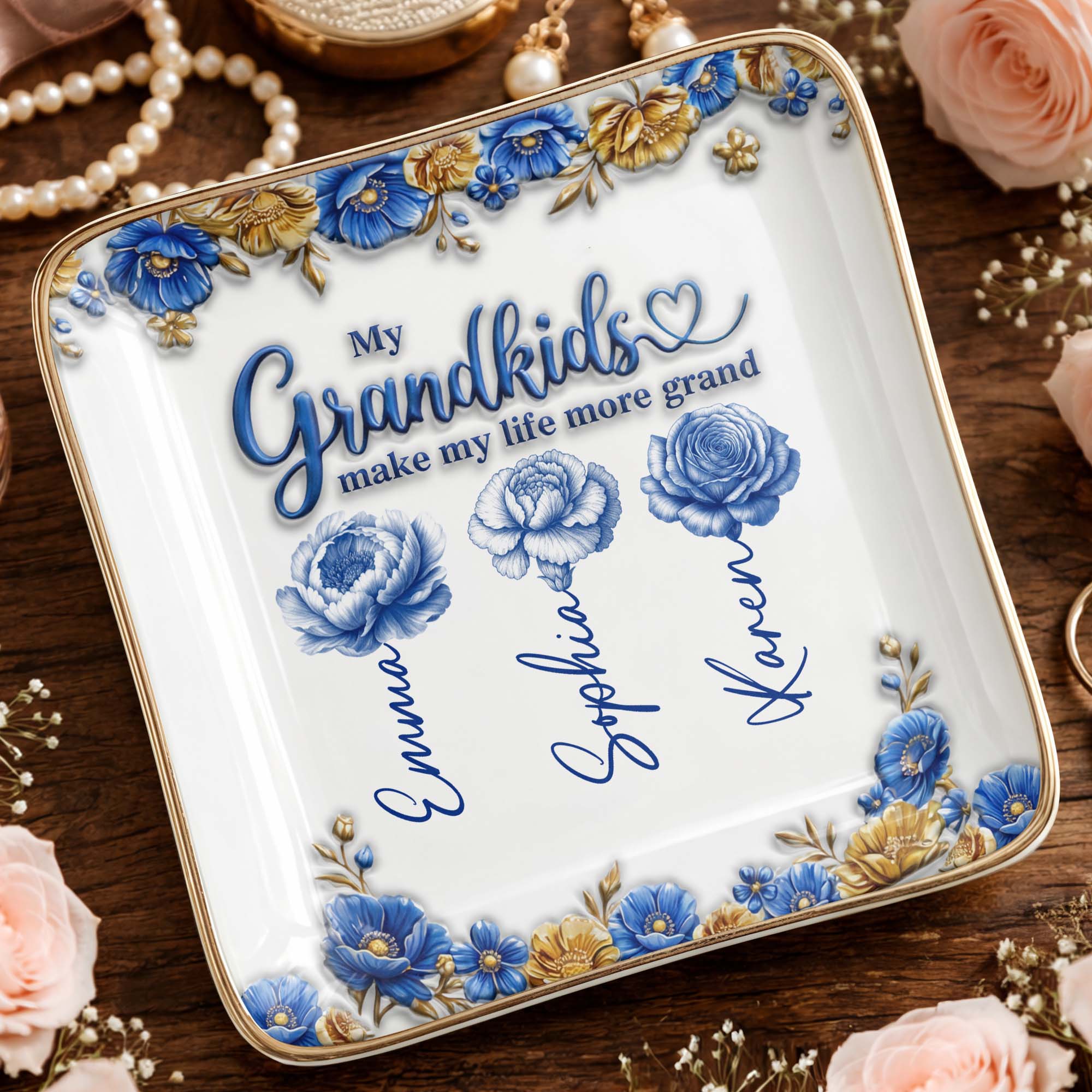 My Grandkids Make My Life More Grand Flowers - Personalized Custom Jewelry Dish, Ceramic Dish, Square Shape - GRK113_SCRF