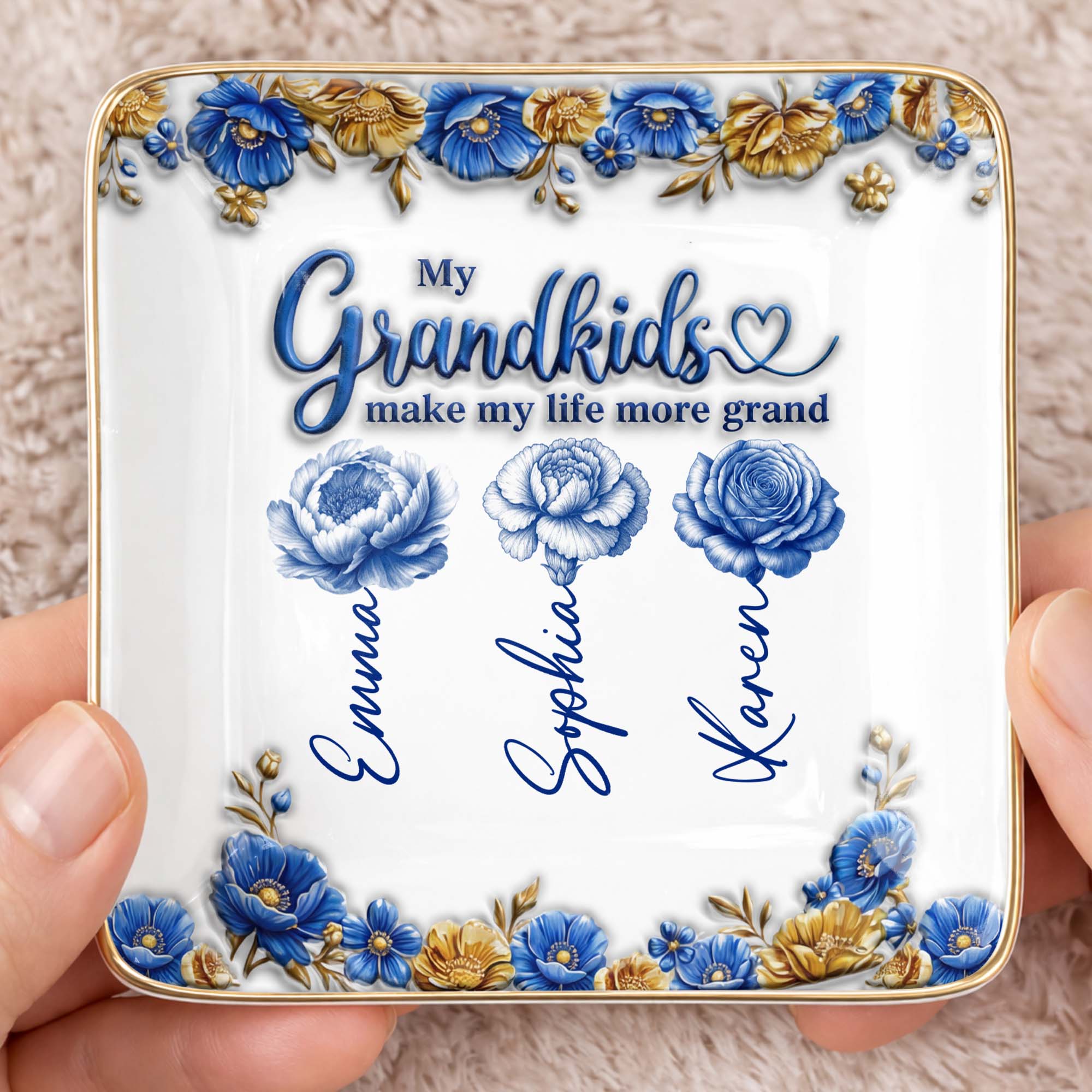 My Grandkids Make My Life More Grand Flowers - Personalized Custom Jewelry Dish, Ceramic Dish, Square Shape - GRK113_SCRF