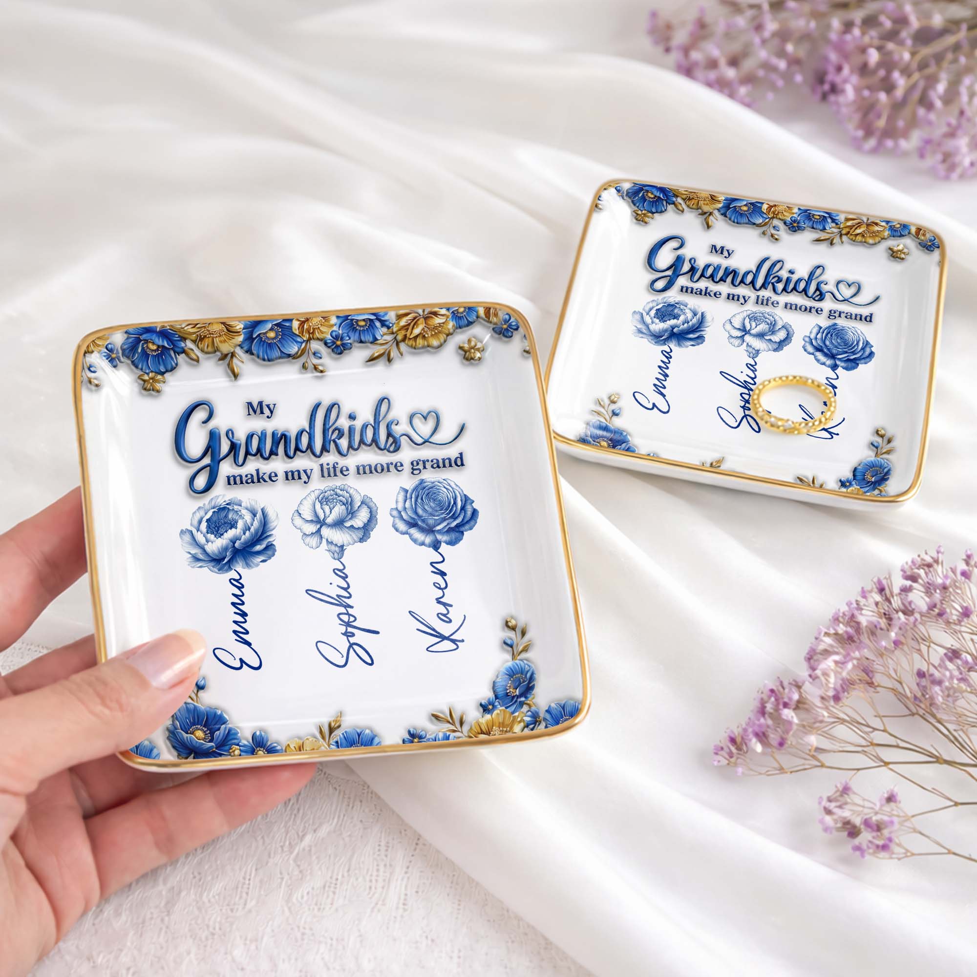 My Grandkids Make My Life More Grand Flowers - Personalized Custom Jewelry Dish, Ceramic Dish, Square Shape - GRK113_SCRF