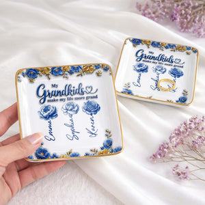 My Grandkids Make My Life More Grand Flowers - Personalized Custom Jewelry Dish, Ceramic Dish, Square Shape - GRK113_SCRF
