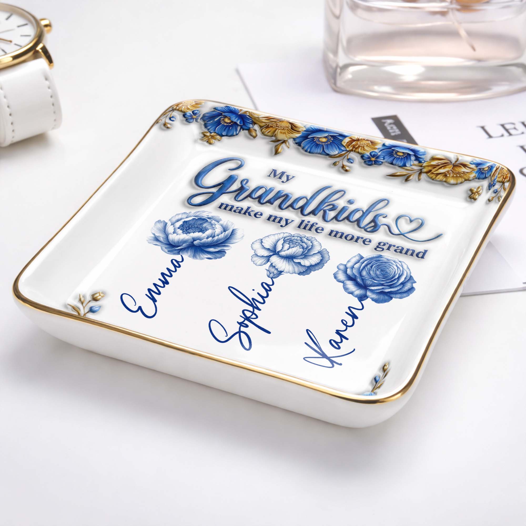 My Grandkids Make My Life More Grand Flowers - Personalized Custom Jewelry Dish, Ceramic Dish, Square Shape - GRK113_SCRF