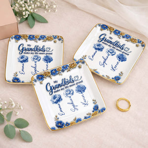 My Grandkids Make My Life More Grand Flowers - Personalized Custom Jewelry Dish, Ceramic Dish, Square Shape - GRK113_SCRF