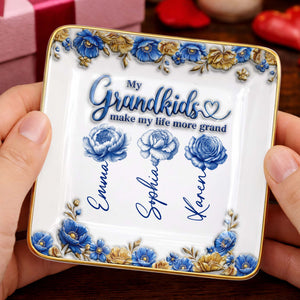 My Grandkids Make My Life More Grand Flowers - Personalized Custom Jewelry Dish, Ceramic Dish, Square Shape - GRK113_SCRF