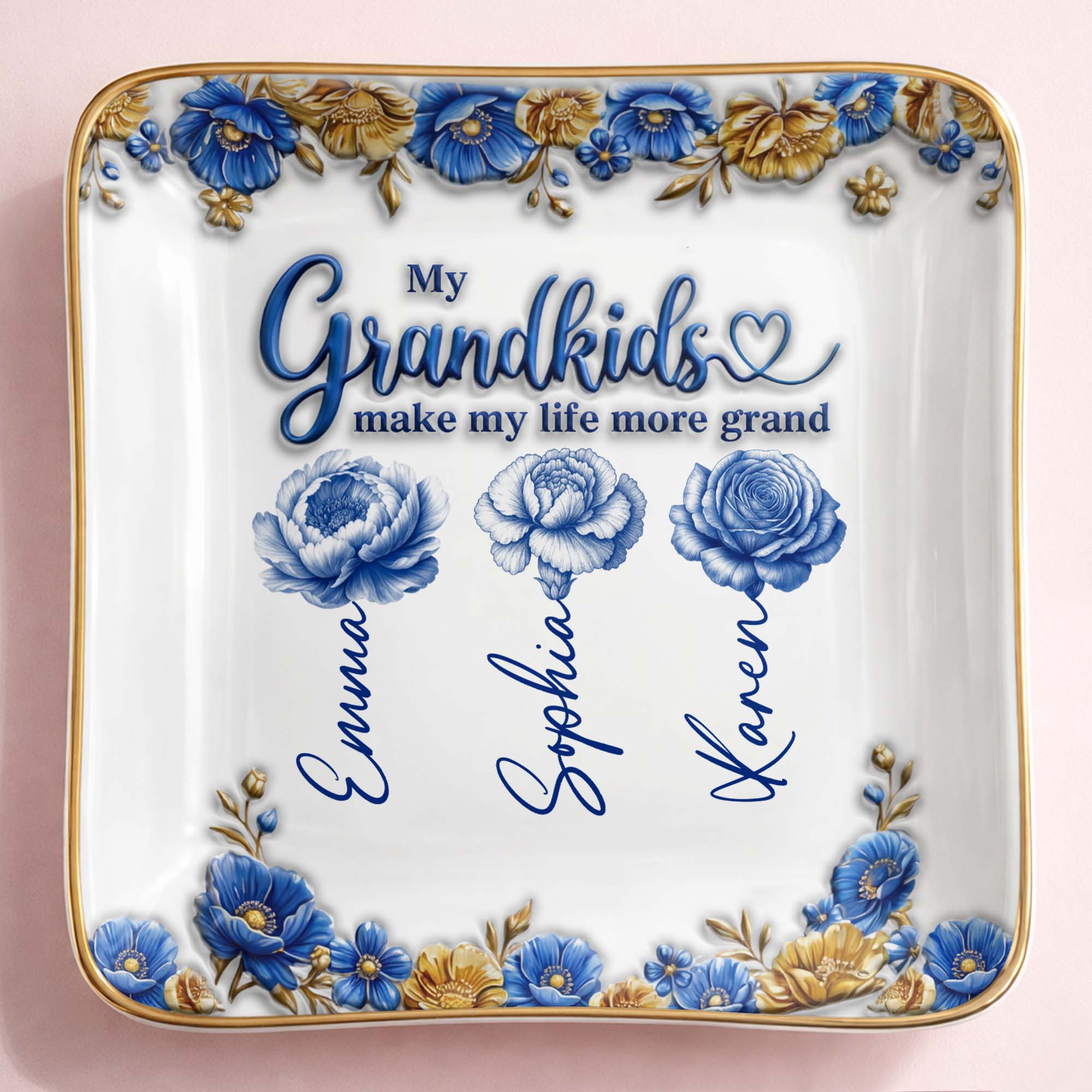 My Grandkids Make My Life More Grand Flowers - Personalized Custom Jewelry Dish, Ceramic Dish, Square Shape - GRK113_SCRF