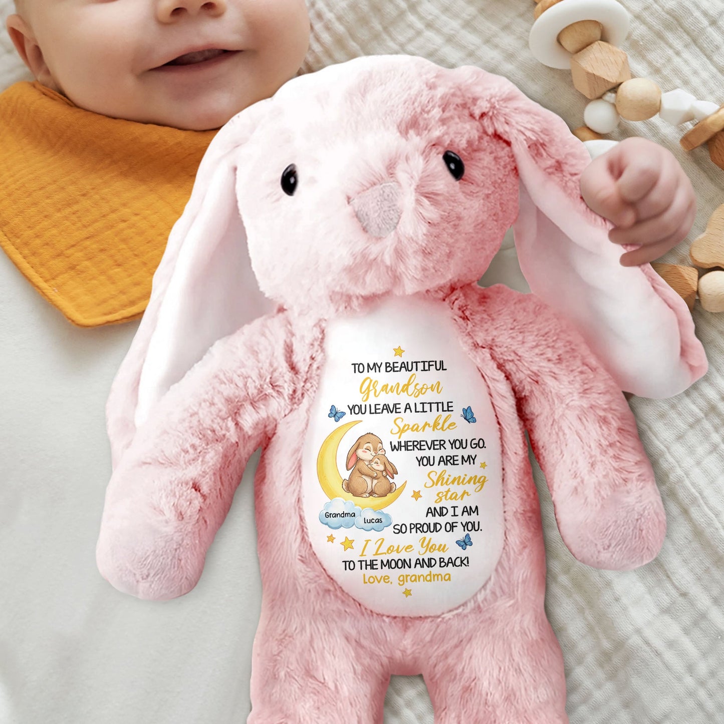 To My Beautiful Grandson Sparkle Wherever You Go Bunnies Moon And Stars - Personalized Stuffed Bunny - GRK114_BUN
