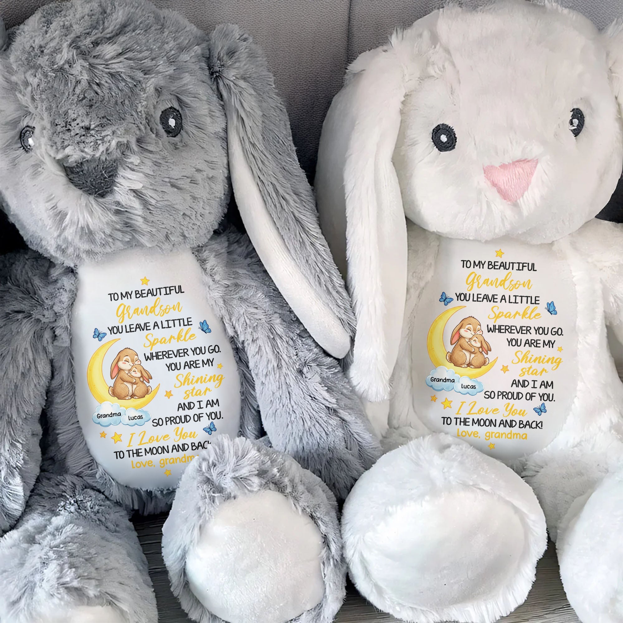 To My Beautiful Grandson Sparkle Wherever You Go Bunnies Moon And Stars - Personalized Stuffed Bunny - GRK114_BUN