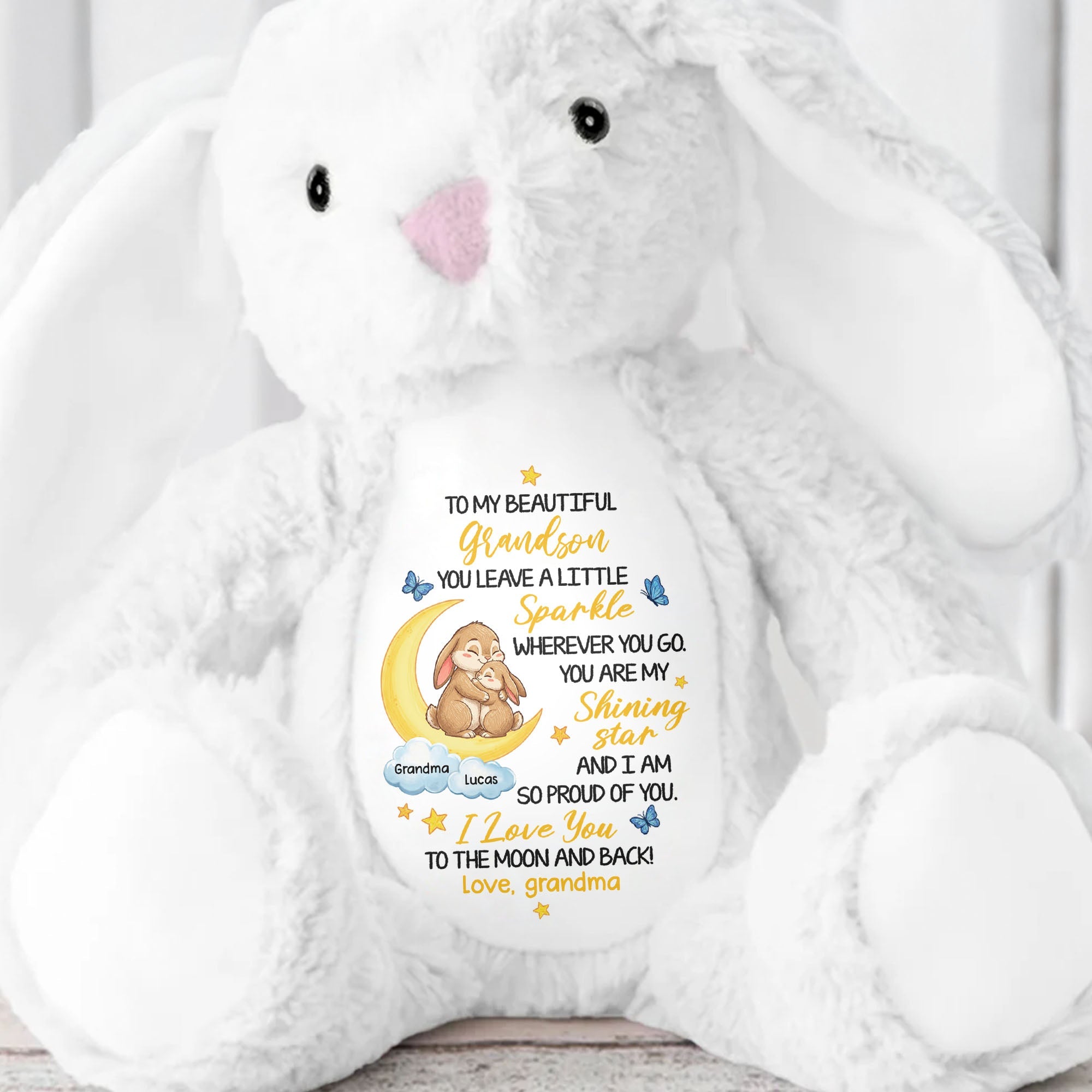 To My Beautiful Grandson Sparkle Wherever You Go Bunnies Moon And Stars - Personalized Stuffed Bunny - GRK114_BUN